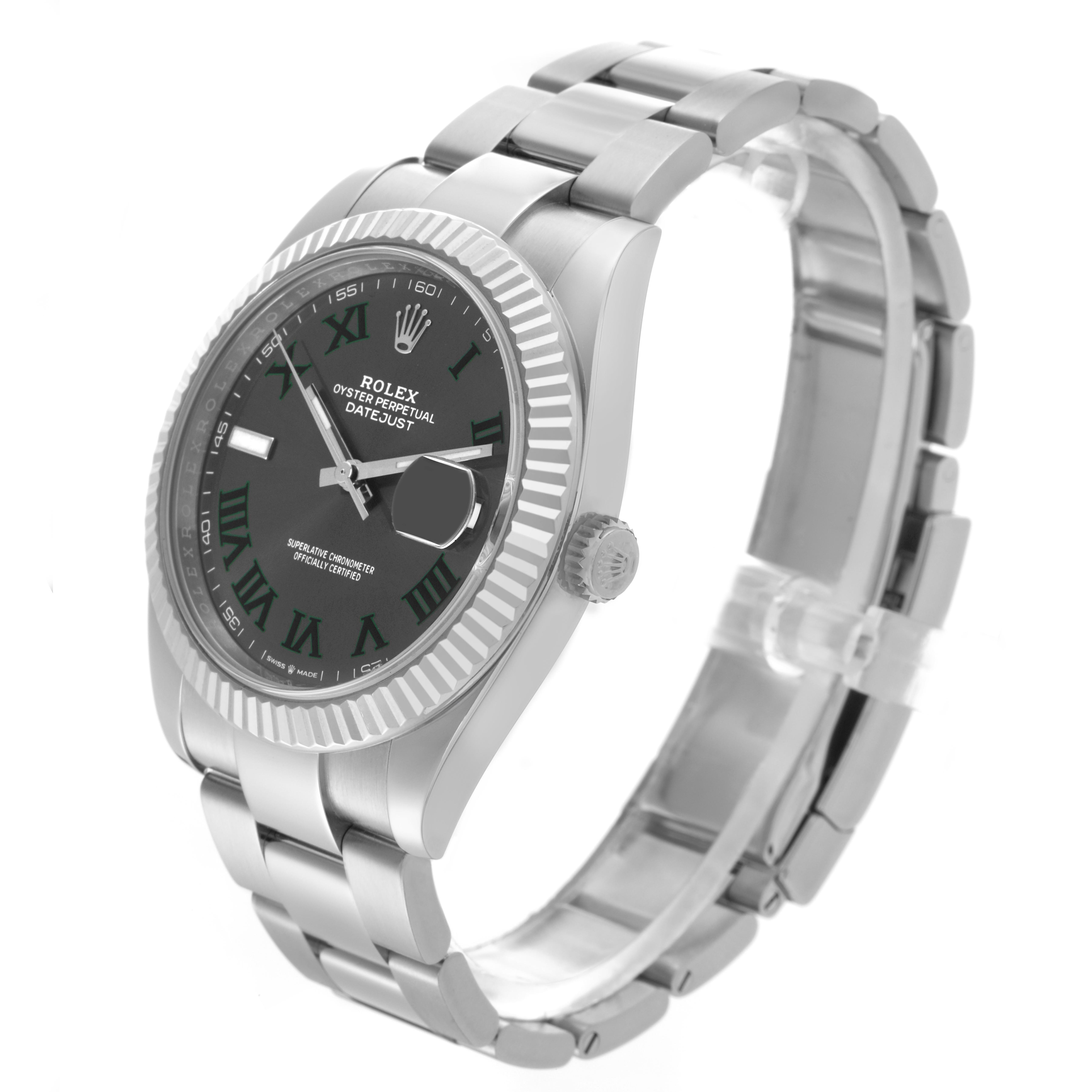 The Rolex Datejust 41 126334 Men's Stainless Steel Grey Dial 126334 Men's Stainless Steel Grey Dial is shown at a three-quarter view, displaying the dial, fluted bezel, and bracelet.
