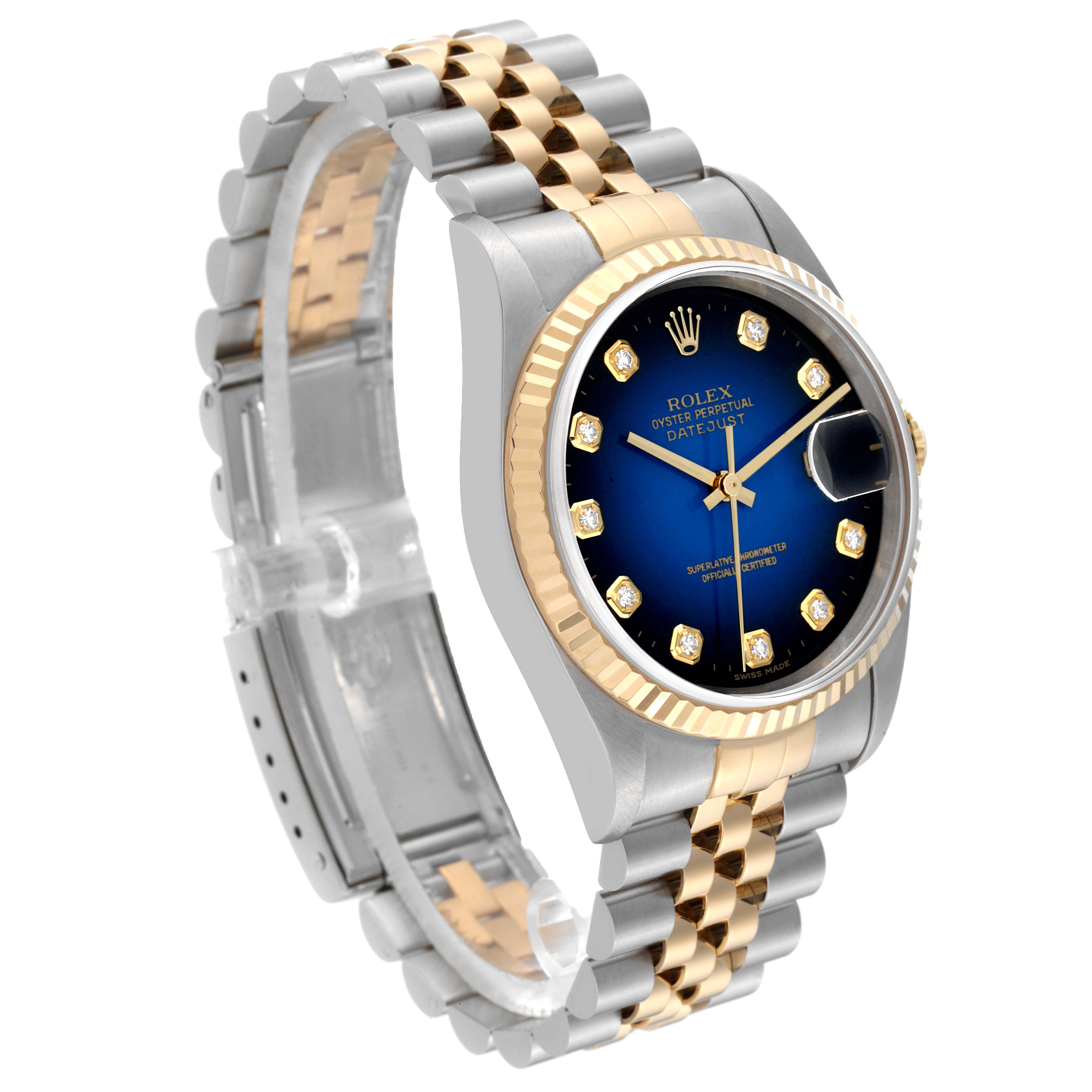 This image shows a side view of a Rolex Datejust 16233 Men's Steel and Gold (two tone) Blue Dial 16233 Men's Steel and Gold (two tone) Blue Dial watch highlighting its two-tone bracelet and blue dial.
