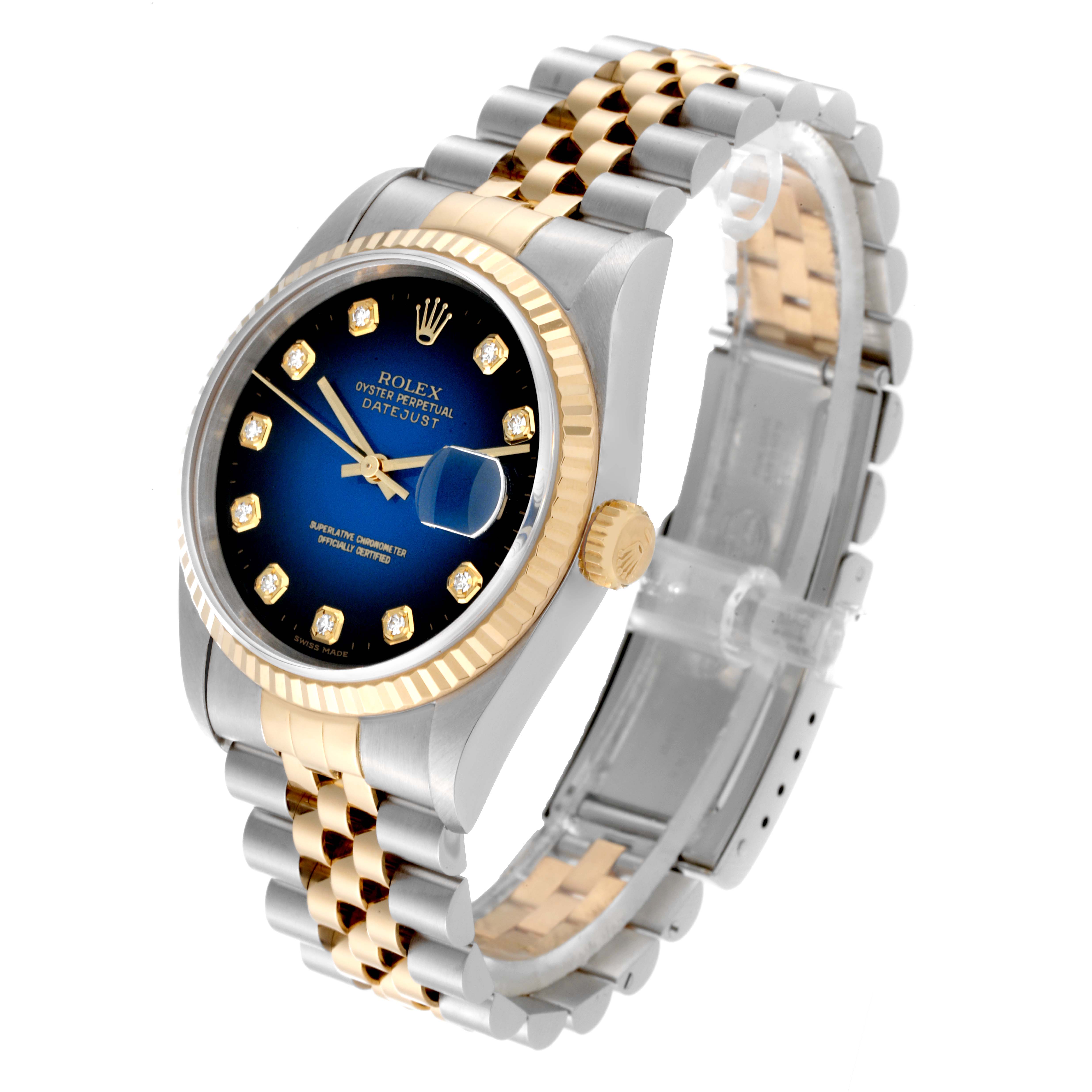 The image shows the Rolex Datejust 16233 Men's Steel and Gold (two tone) Blue Dial 16233 Men's Steel and Gold (two tone) Blue Dial watch at a three-quarter angle, highlighting the face, bezel, crown, and bracelet.