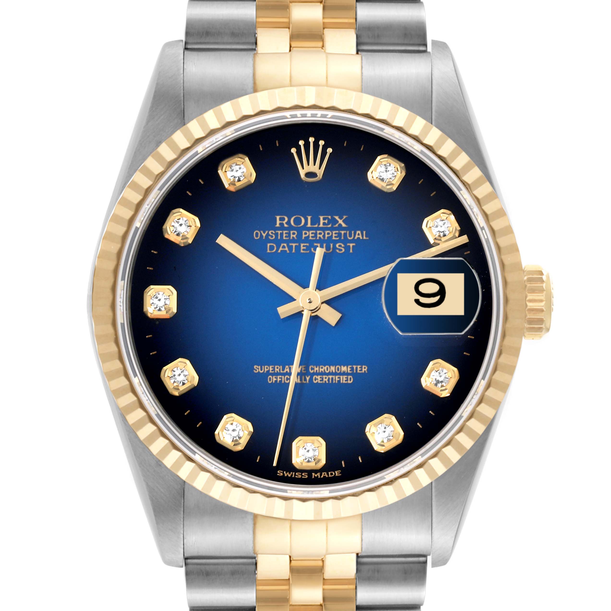 The image shows a front view of a Rolex Datejust 16233 Men's Steel and Gold (two tone) Blue Dial 16233 Men's Steel and Gold (two tone) Blue Dial watch highlighting its blue dial, date window, and gold and silver bracelet.
