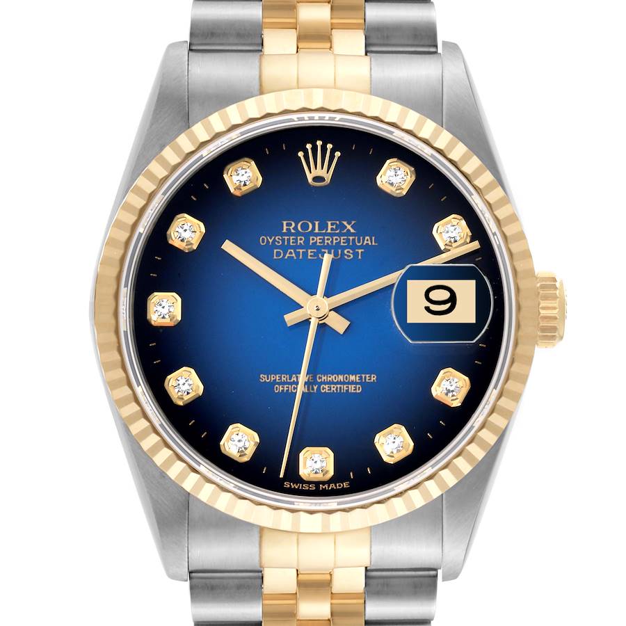 The image shows a front view of a Rolex Datejust watch highlighting its blue dial, date window, and gold and silver bracelet.