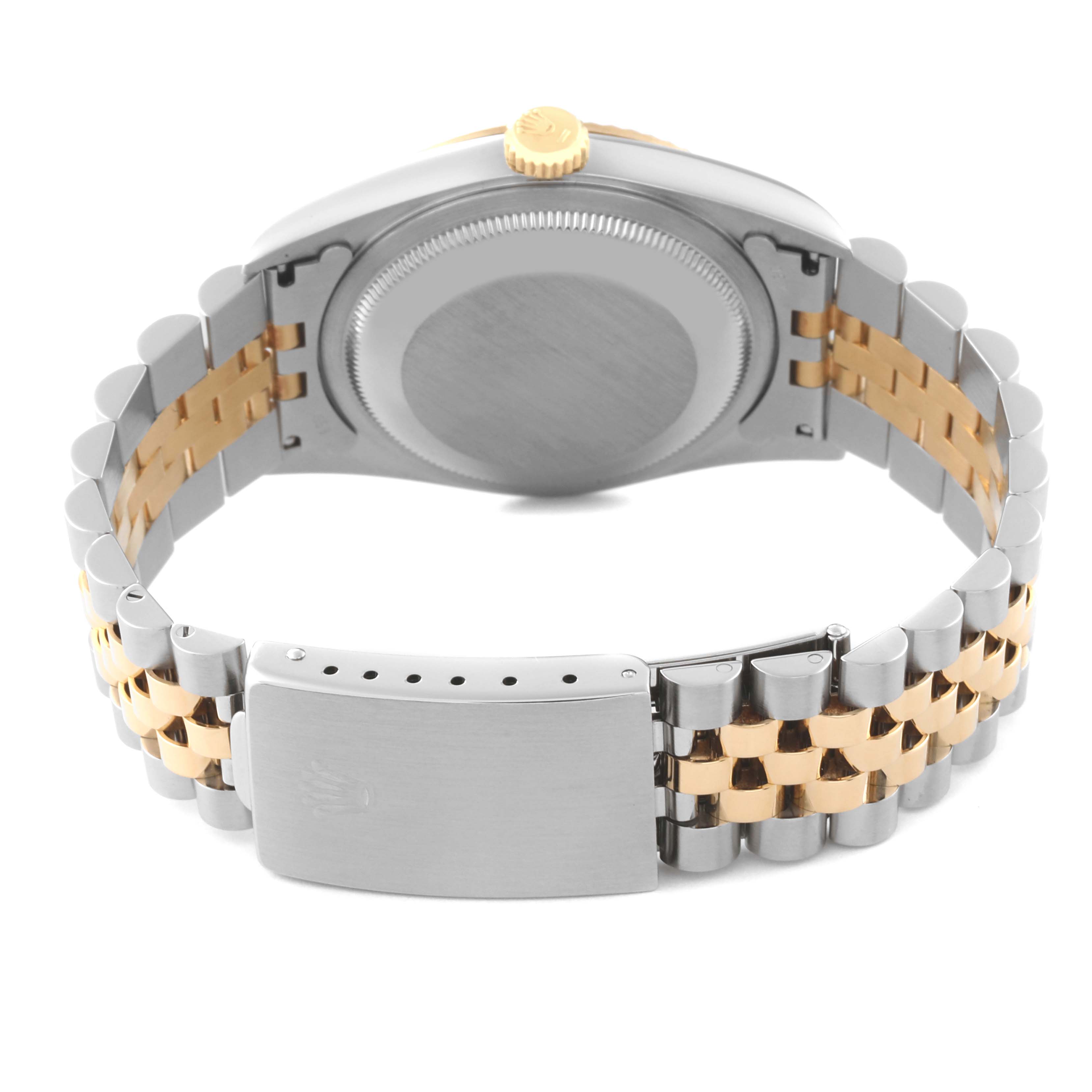 The image shows the back case and bracelet clasp of a Rolex Datejust 16233 Men's Steel and Gold (two tone) Blue Dial 16233 Men's Steel and Gold (two tone) Blue Dial watch, featuring a two-tone metal design.