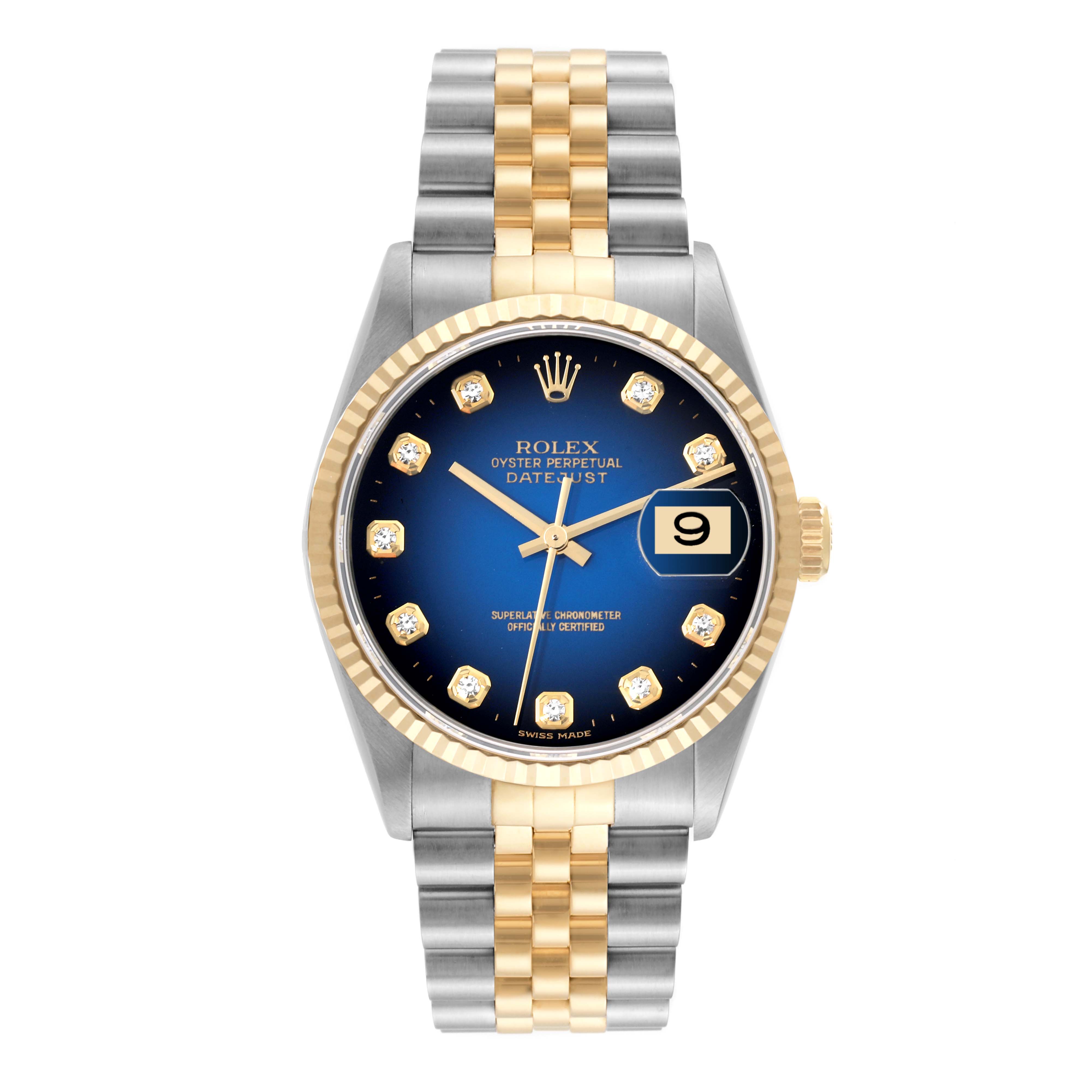 This image shows a Rolex Datejust 16233 Men's Steel and Gold (two tone) Blue Dial 16233 Men's Steel and Gold (two tone) Blue Dial watch from a top-down angle, featuring its dial, bracelet, and date function.