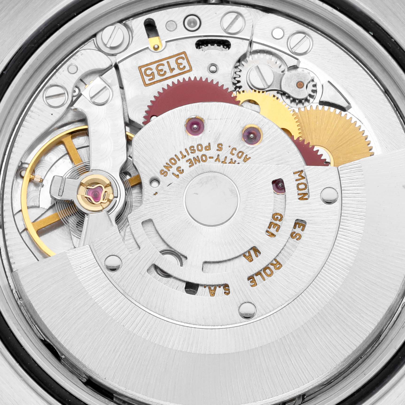 The image shows a close-up of the movement of a Rolex Datejust 16233 Men's Steel and Gold (two tone) Blue Dial 16233 Men's Steel and Gold (two tone) Blue Dial model, highlighting its intricate mechanical parts and gears.