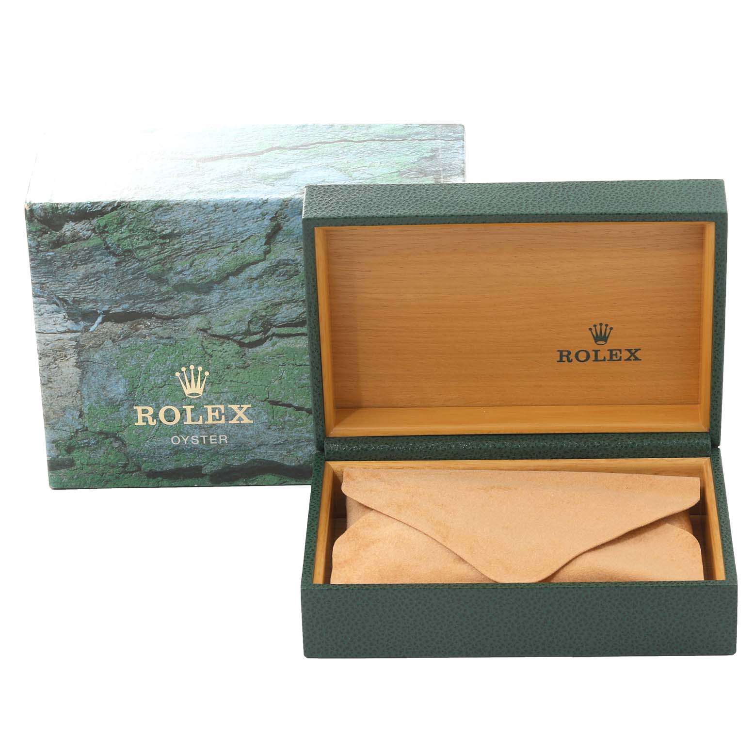 The image shows an open Rolex Datejust 16233 Men's Steel and Gold (two tone) Blue Dial 16233 Men's Steel and Gold (two tone) Blue Dial watch box and an external green-covered box.