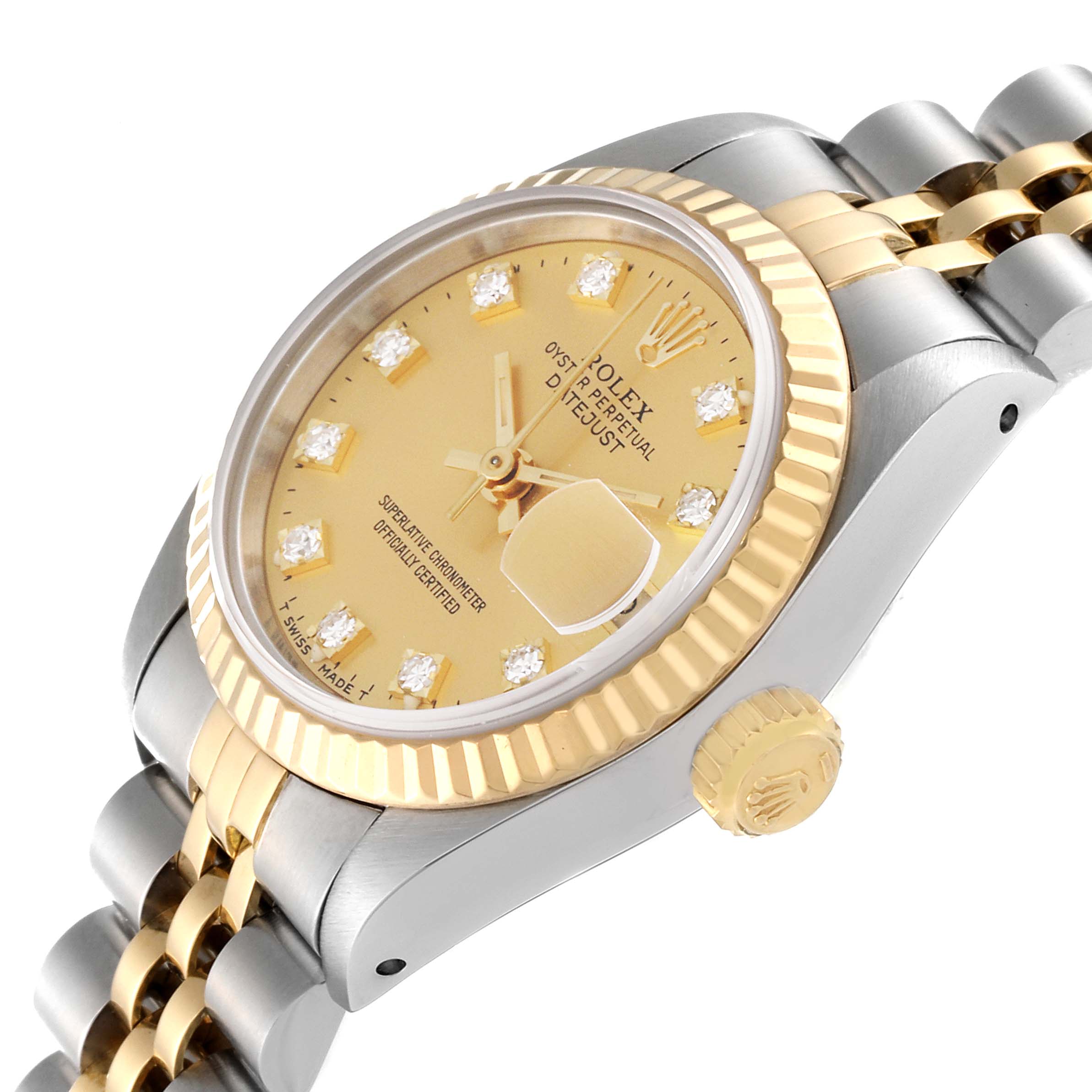 The Rolex Datejust 69173 Women's Steel and Gold (two tone) Champagne Dial 69173 Women's Steel and Gold (two tone) Champagne Dial watch is shown from an angled side view, highlighting the dial, bezel, and bracelet.