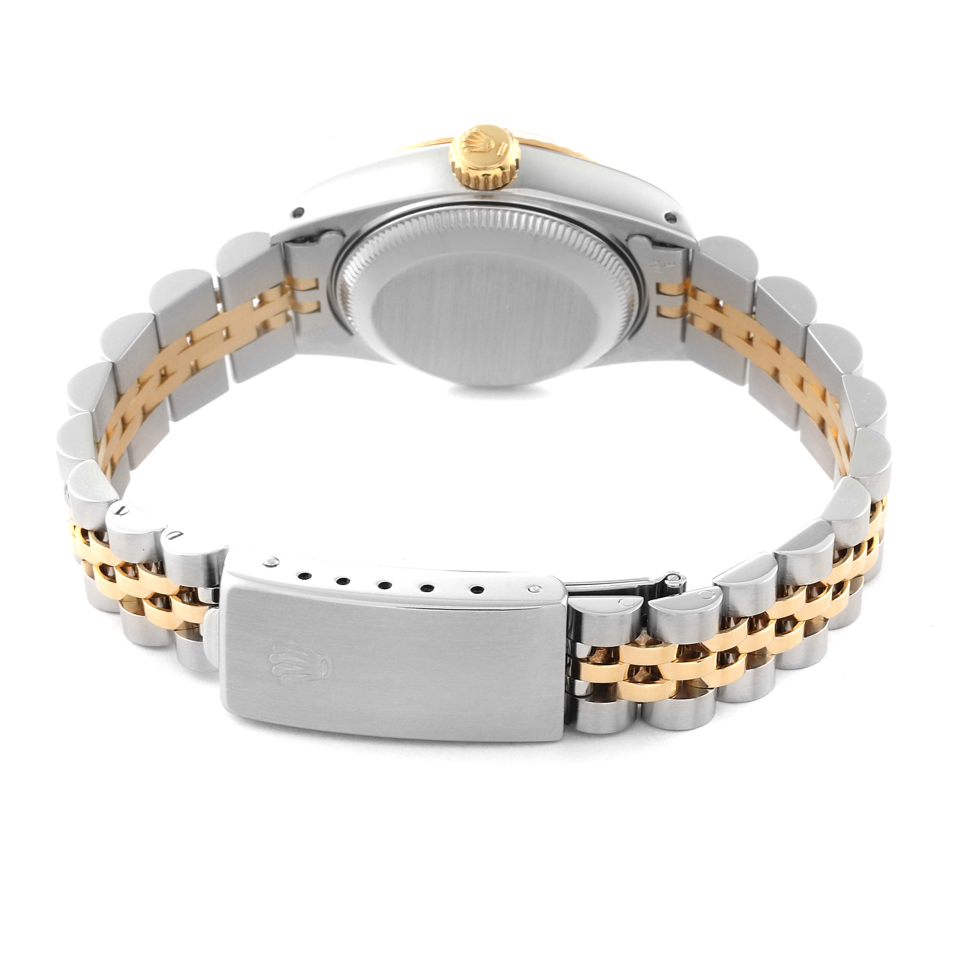 The image shows a rear view of a Rolex Datejust 69173 Women's Steel and Gold (two tone) Champagne Dial 69173 Women's Steel and Gold (two tone) Champagne Dial watch, highlighting the closed clasp and two-tone metal bracelet.