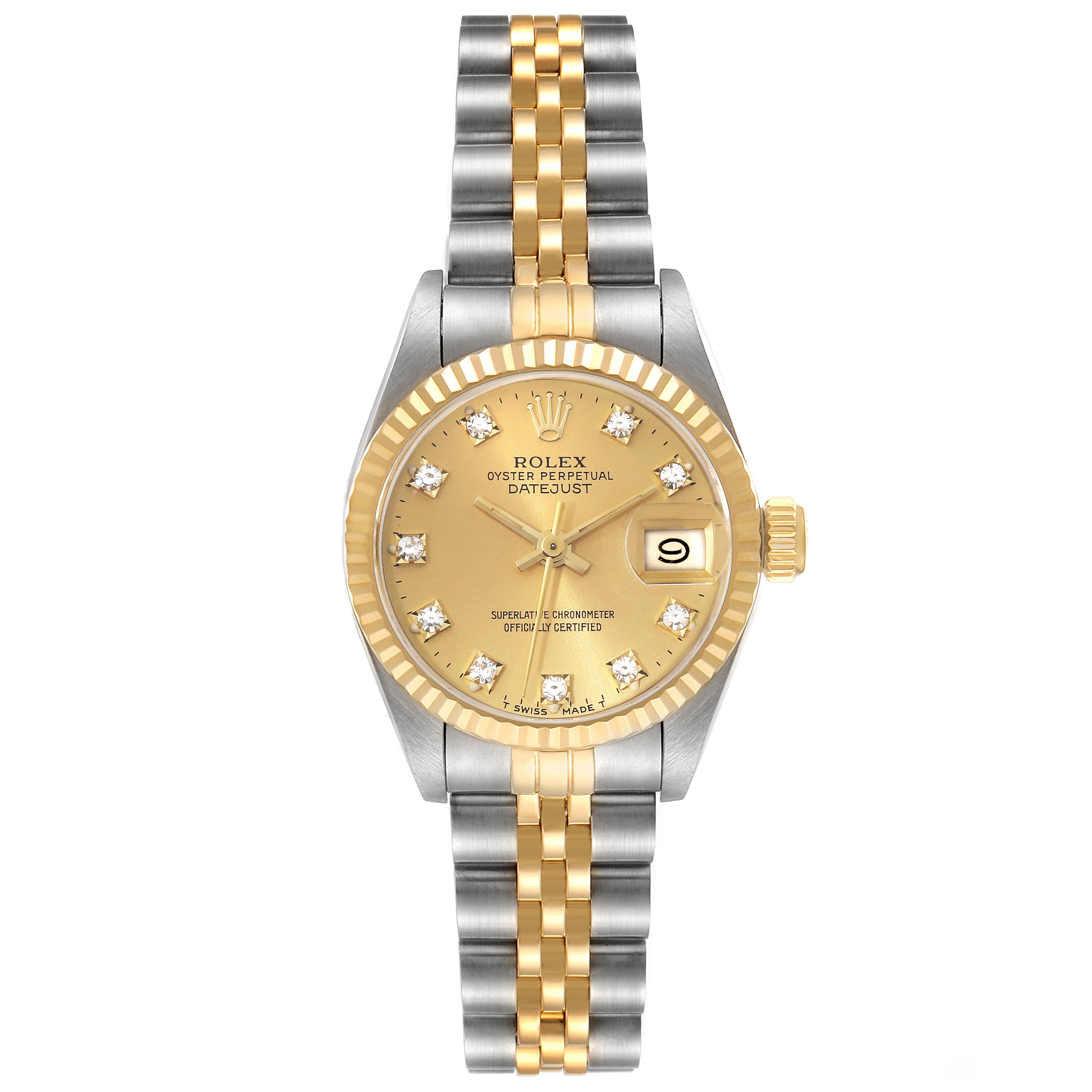 The Rolex Datejust 69173 Women's Steel and Gold (two tone) Champagne Dial 69173 Women's Steel and Gold (two tone) Champagne Dial watch is displayed from a top-down angle, showcasing its gold and silver bracelet, dial, and date window.