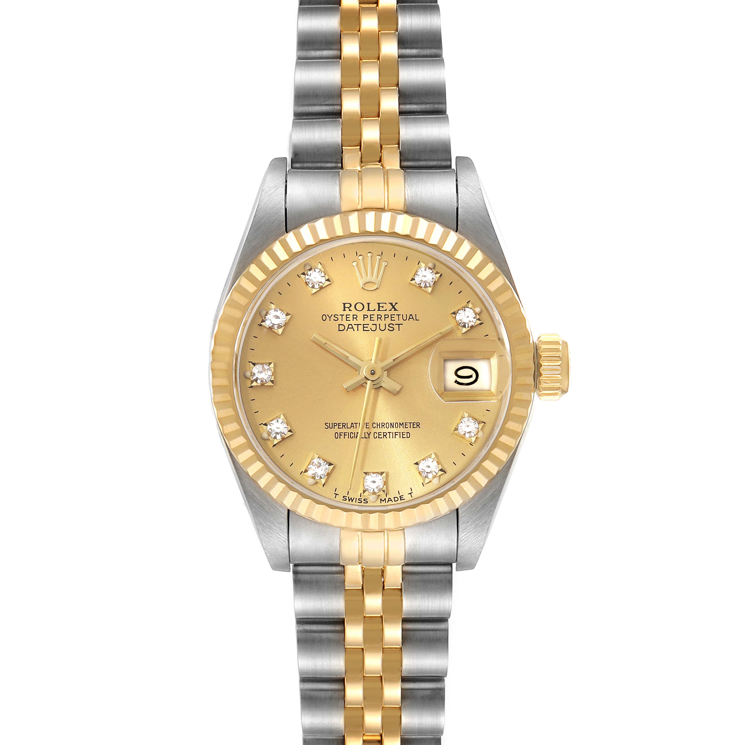 This Rolex Datejust 69173 Women's Steel and Gold (two tone) Champagne Dial 69173 Women's Steel and Gold (two tone) Champagne Dial watch is shown from a top-down angle, displaying the face, bezel, and part of the two-tone bracelet.