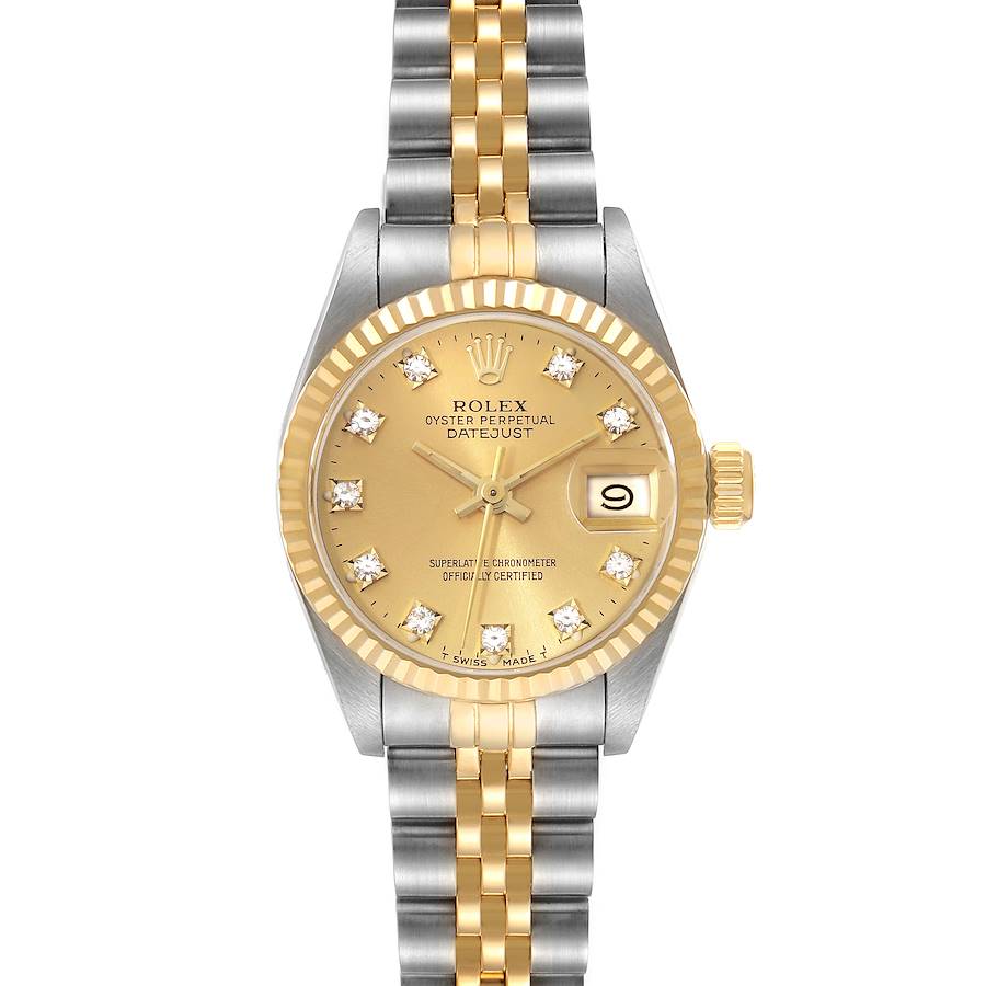 This Rolex Datejust watch is shown from a top-down angle, displaying the face, bezel, and part of the two-tone bracelet.