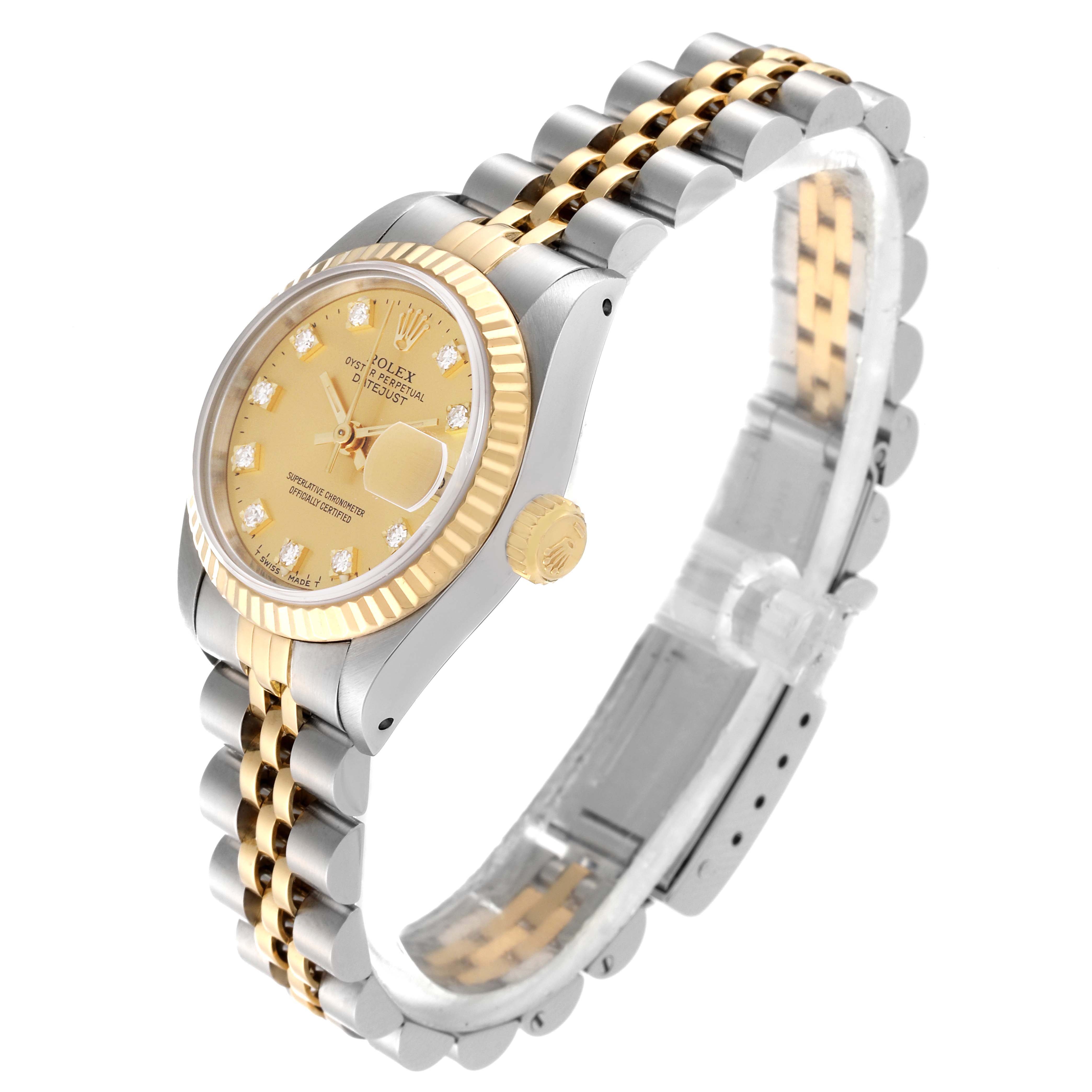 The Rolex Datejust 69173 Women's Steel and Gold (two tone) Champagne Dial 69173 Women's Steel and Gold (two tone) Champagne Dial watch is shown at an angle, highlighting the gold bezel, crown, and Jubilee bracelet.