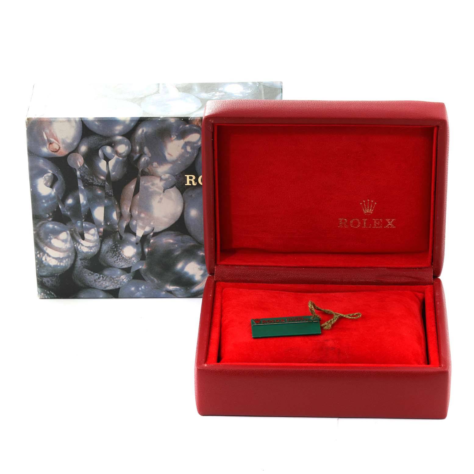 The image shows a Rolex Datejust 69173 Women's Steel and Gold (two tone) Champagne Dial 69173 Women's Steel and Gold (two tone) Champagne Dial watch's red presentation box and an outer decorative box, viewed from a front angle.