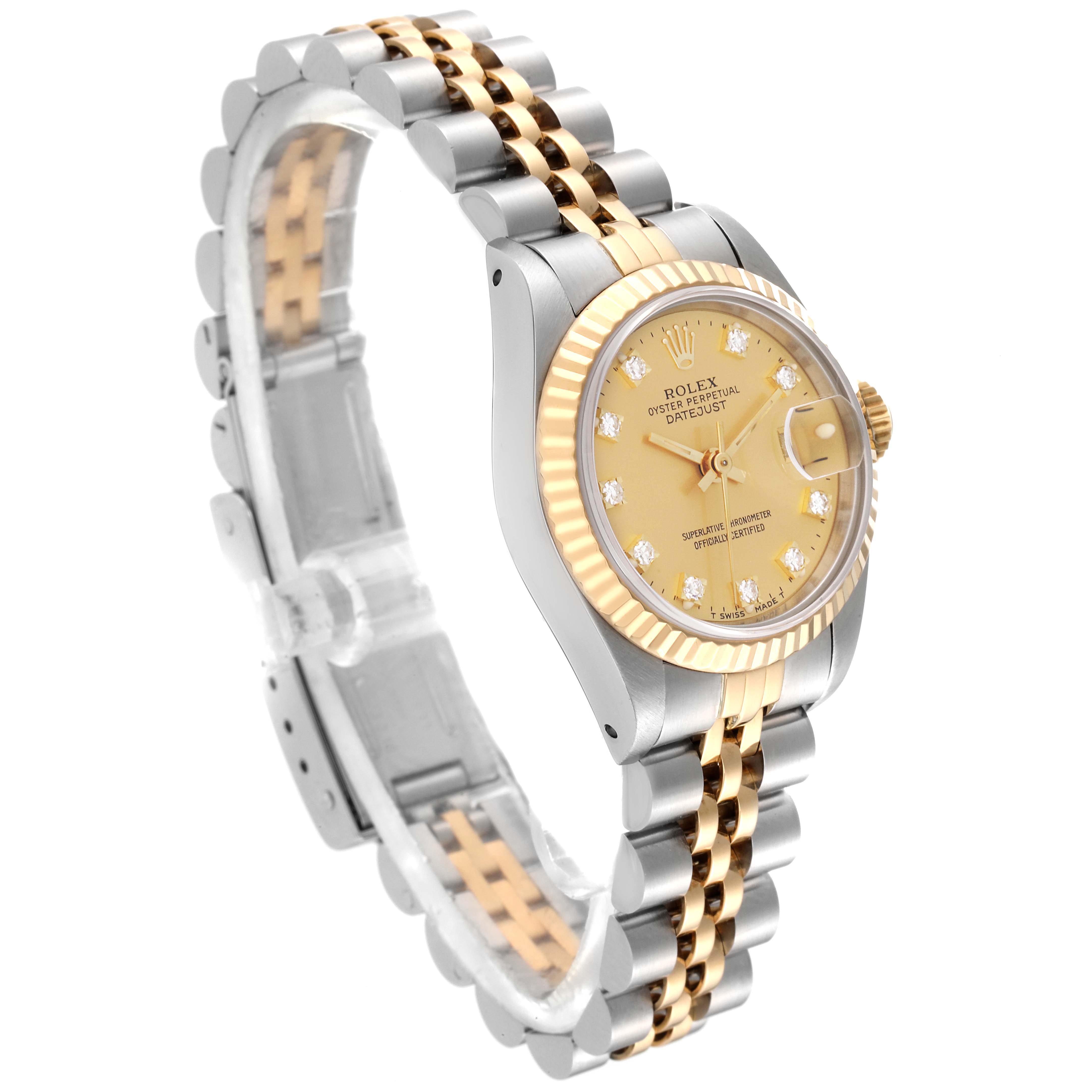 The image shows a Rolex Datejust 69173 Women's Steel and Gold (two tone) Champagne Dial 69173 Women's Steel and Gold (two tone) Champagne Dial model watch at an oblique angle, displaying its face, fluted bezel, and two-tone bracelet.