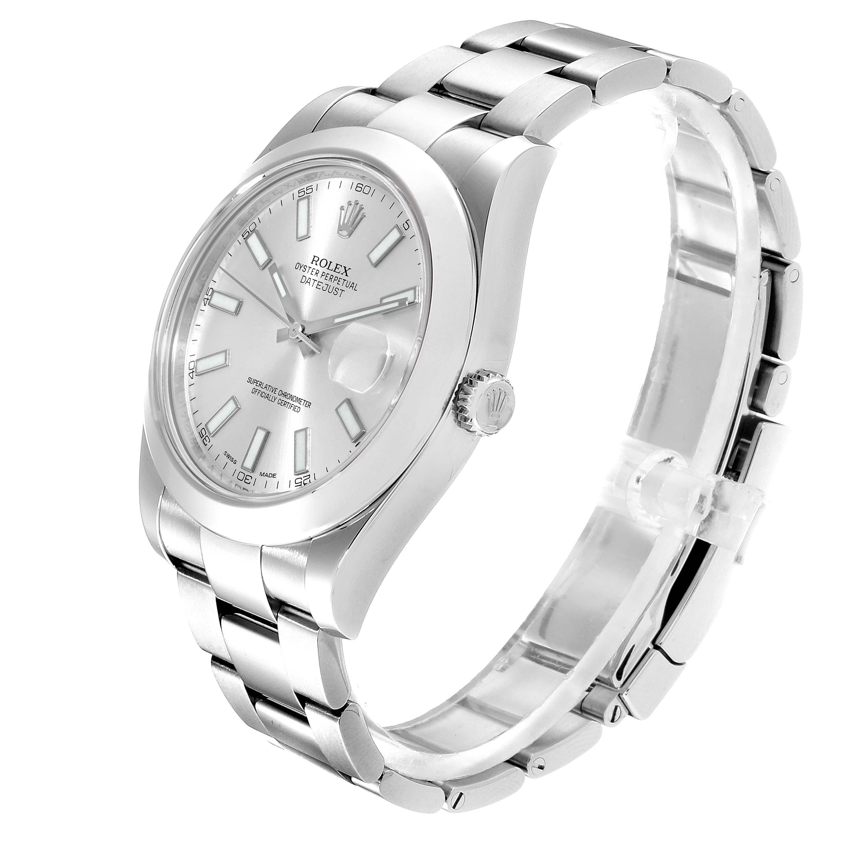 The Rolex Datejust 41 116300 Men's Stainless Steel Silver Dial 116300 Men's Stainless Steel Silver Dial watch is shown at an angled view, highlighting its face, dial, case, and bracelet.