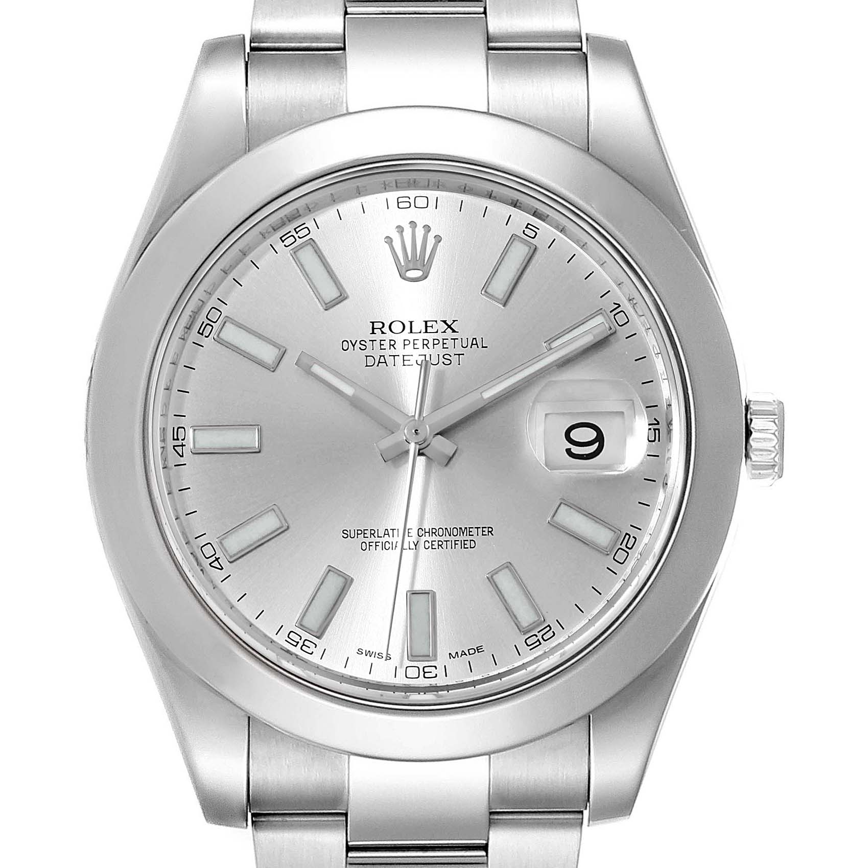 The image shows a Rolex Datejust 41 116300 Men's Stainless Steel Silver Dial 116300 Men's Stainless Steel Silver Dial watch from a frontal angle, highlighting its silver dial, bezel, and bracelet.