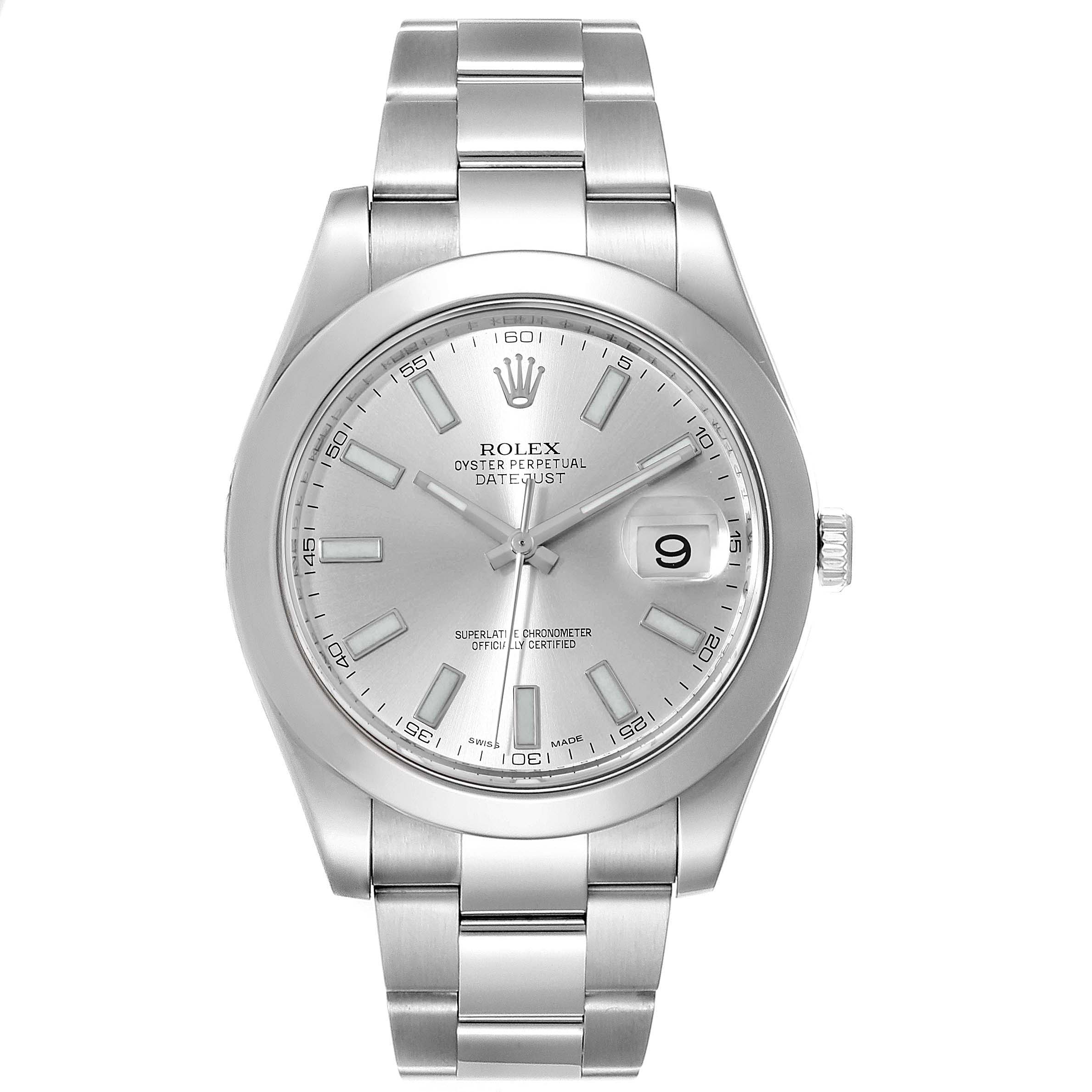 This is a front view of the Rolex Datejust 41 116300 Men's Stainless Steel Silver Dial 116300 Men's Stainless Steel Silver Dial watch, showing its dial, bracelet, and crown.
