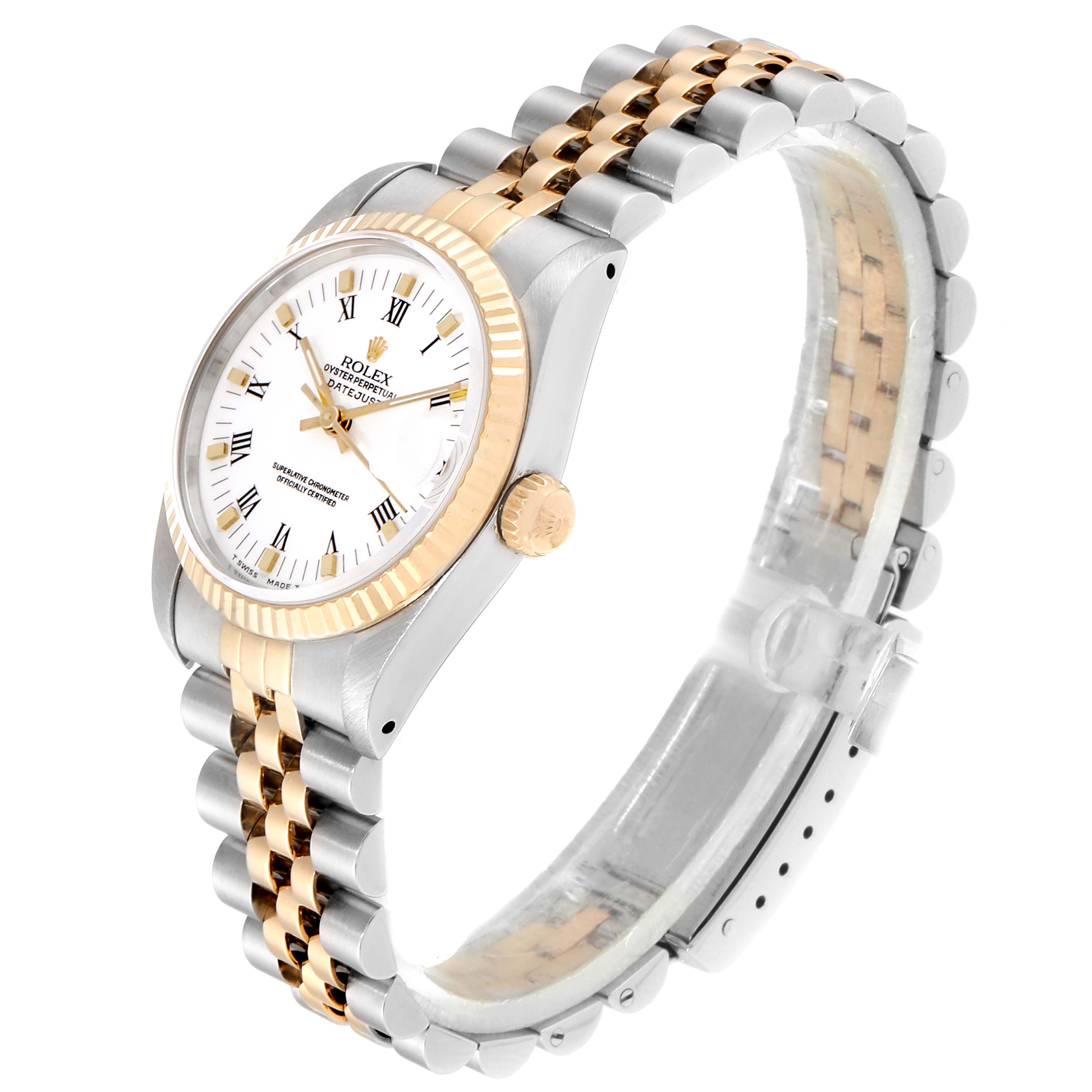 The image shows a Mid-Size Rolex watch from a left-side angle, highlighting the face, crown, and bracelet.