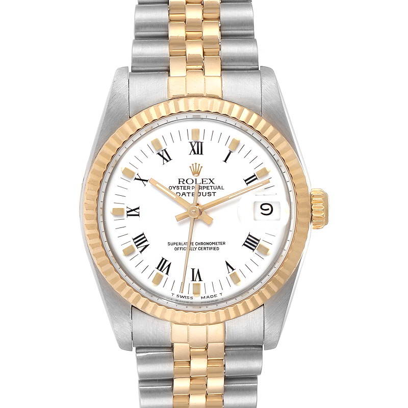 This Rolex Mid-Size Datejust watch is shown from a straight-on angle, highlighting its white dial, Roman numeral markers, and two-tone bracelet.