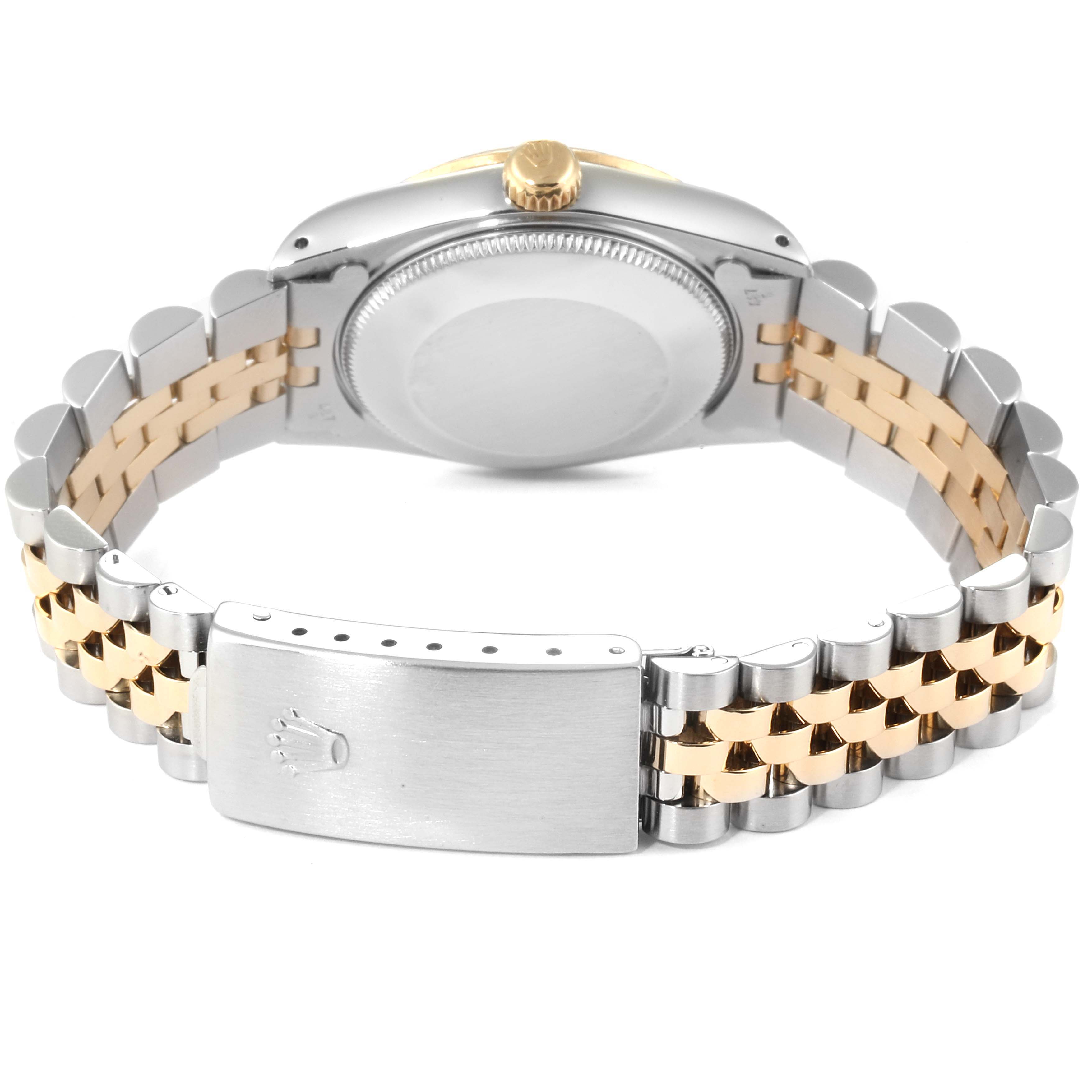 The image shows the back view of a Mid-Size Rolex watch, highlighting the case back, crown, and two-tone jubilee bracelet with clasp.