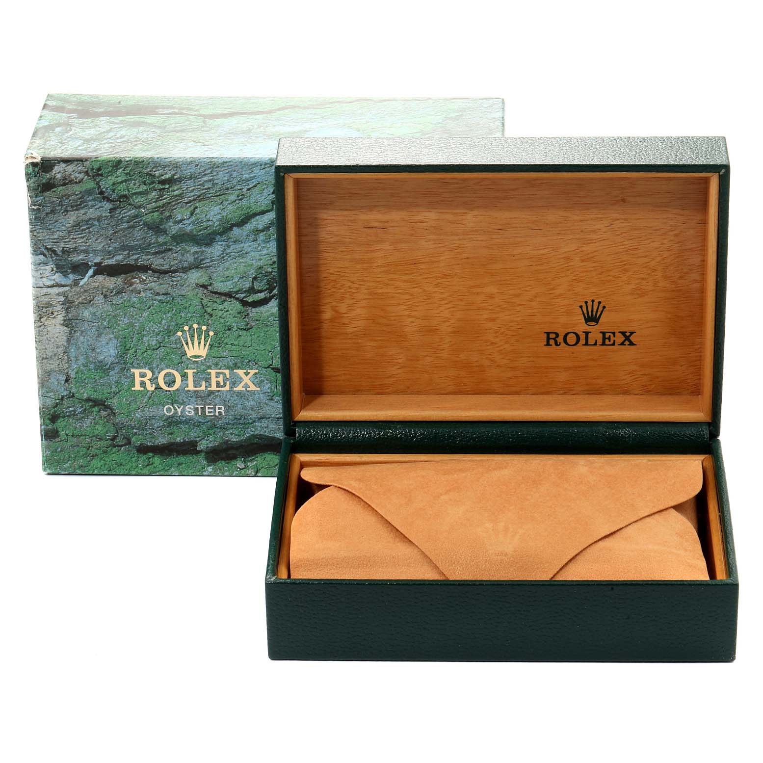 The image shows a Rolex Mid-Size 68273 Women
s Steel and Gold (two tone) White Dial 68273 Women
s Steel and Gold (two tone) White Dial model watch box and a brown suede pouch from a top angle.