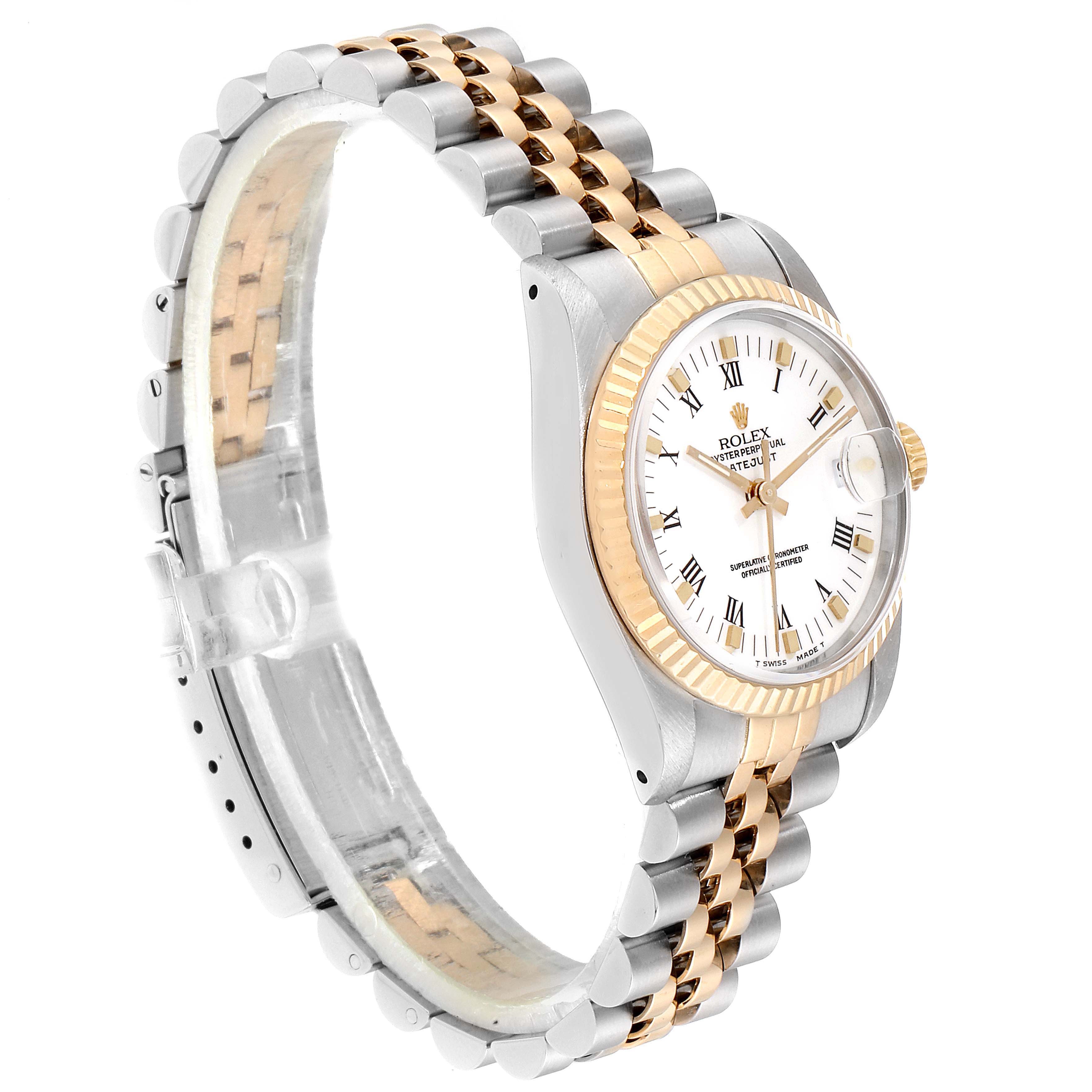 The image shows a side and front angle of a Mid-Size Rolex watch, highlighting its two-tone bracelet and white dial with Roman numerals.