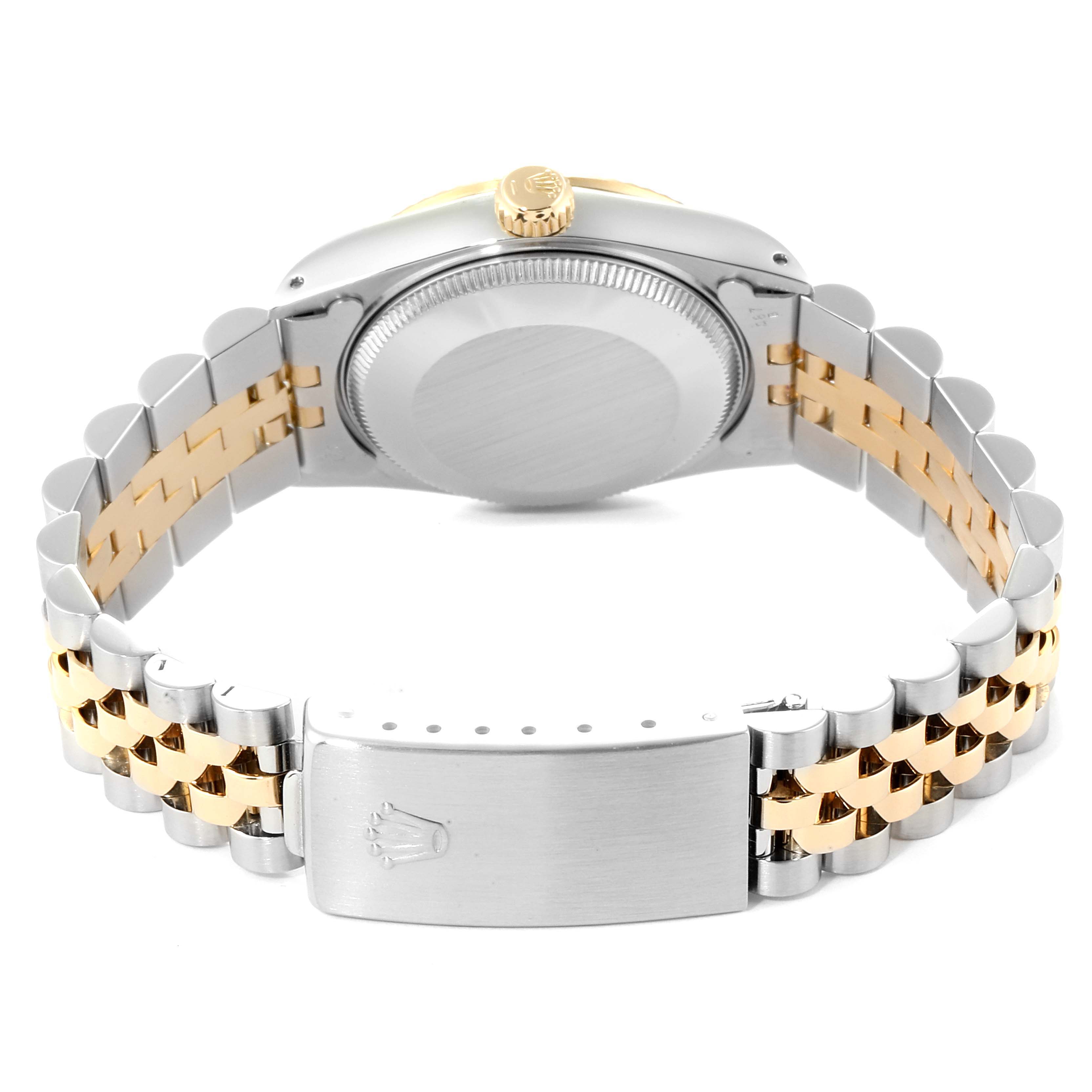 The image shows the back side of the Rolex Mid-Size 68273 Women
s Steel and Gold (two tone) White Dial 68273 Women
s Steel and Gold (two tone) White Dial watch, displaying its case back, crown, and two-tone Jubilee bracelet with the clasp.