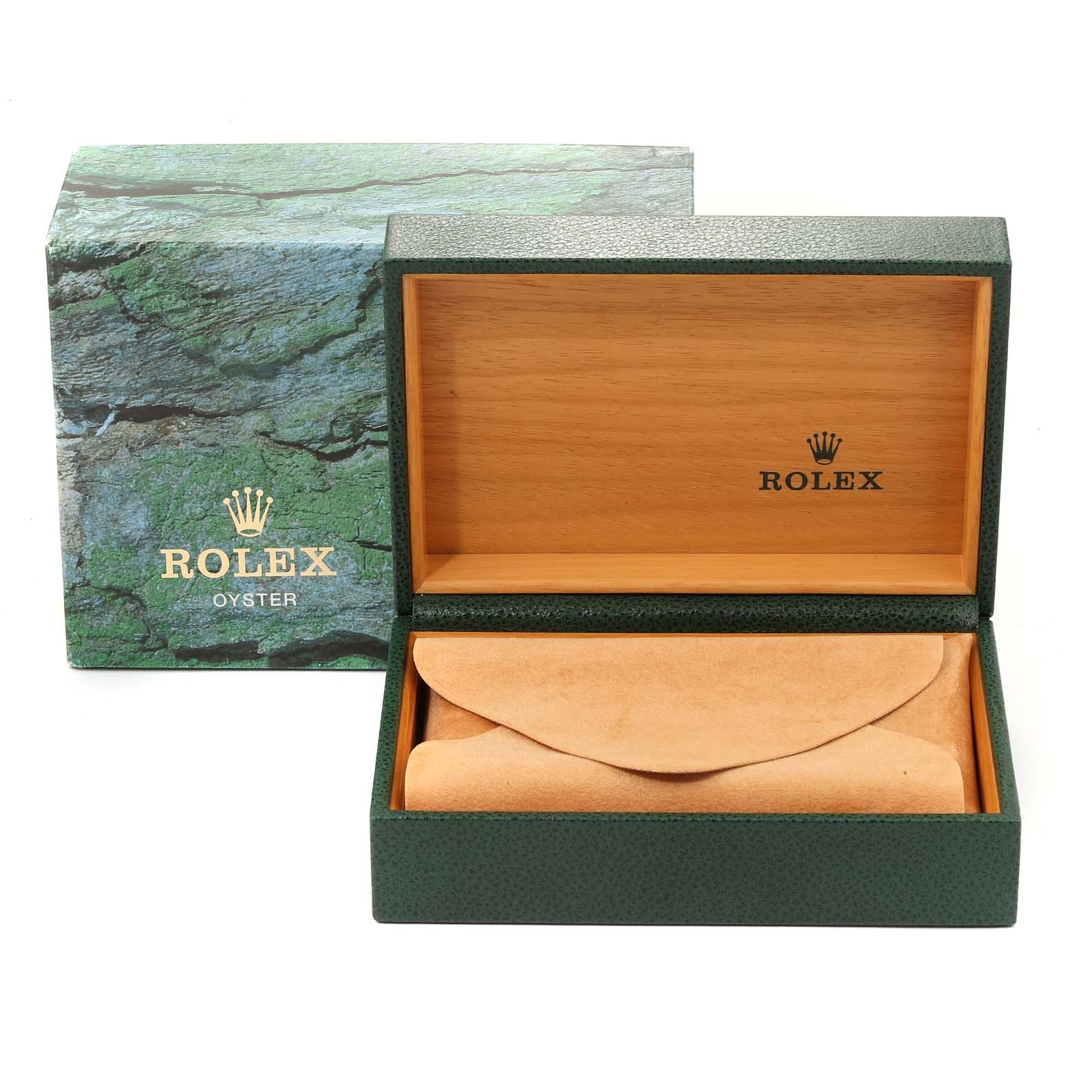 The image shows a Rolex watch box with the inner case opened and the outer box in the background.