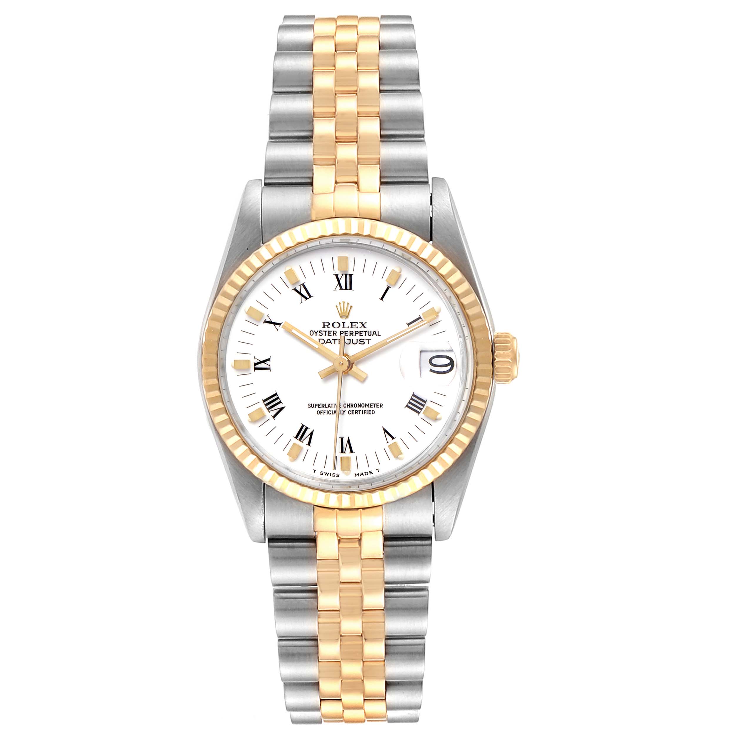 The image shows a front view of a Rolex Mid-Size 68273 Women
s Steel and Gold (two tone) White Dial 68273 Women
s Steel and Gold (two tone) White Dial Oyster Perpetual Datejust watch, highlighting the dial, bezel, and bracelet.