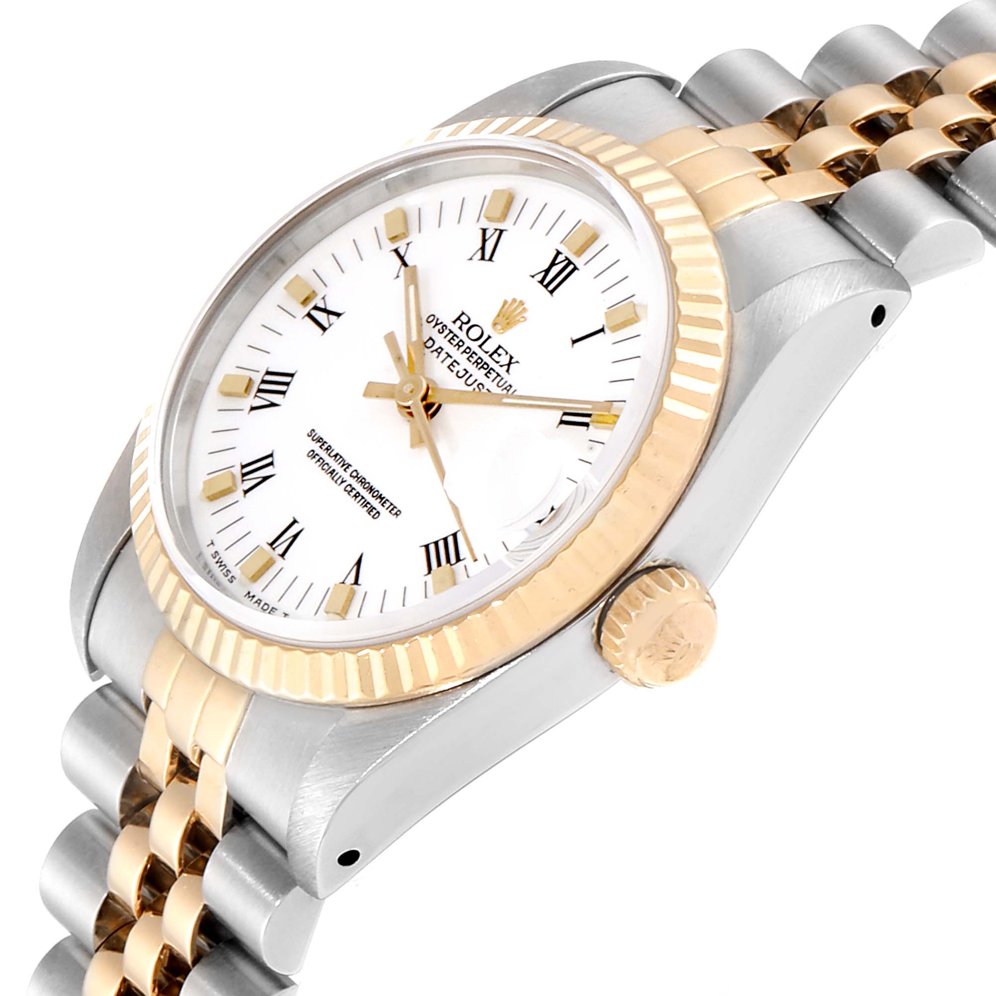 This image shows a side and partial top angle of the Rolex Datejust Mid-Size watch, showcasing its bezel, crown, and bracelet.