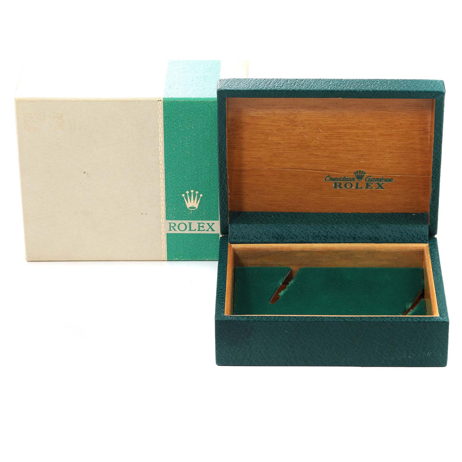 The image shows an open green and wooden box for the Vintage Collection model by Rolex with a separate outer box.