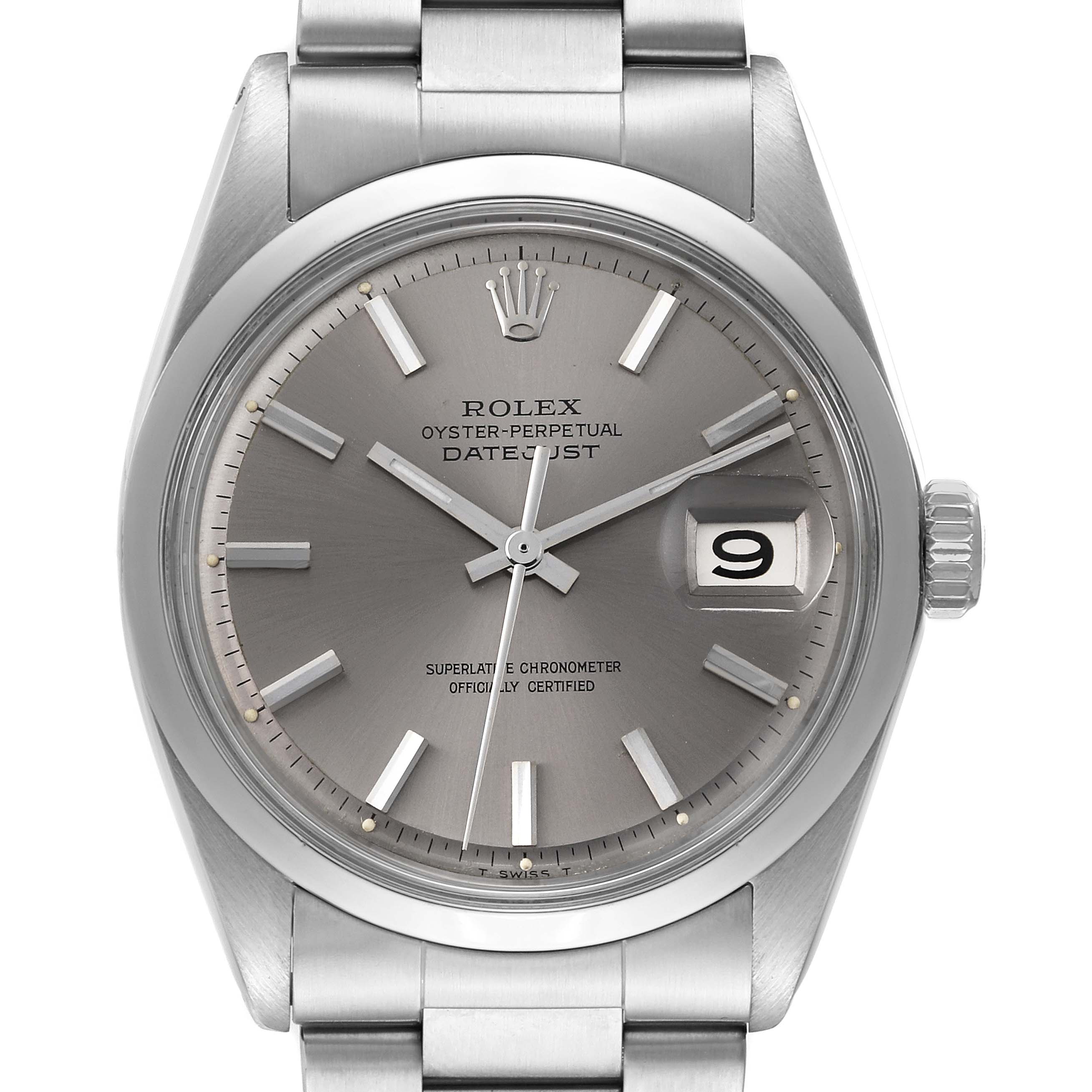 The image shows a close-up front view of the dial, case, and bracelet of a Rolex Vintage Collection 1600 Men's Stainless Steel Grey Dial 1600 Men's Stainless Steel Grey Dial Oyster Perpetual Datejust.