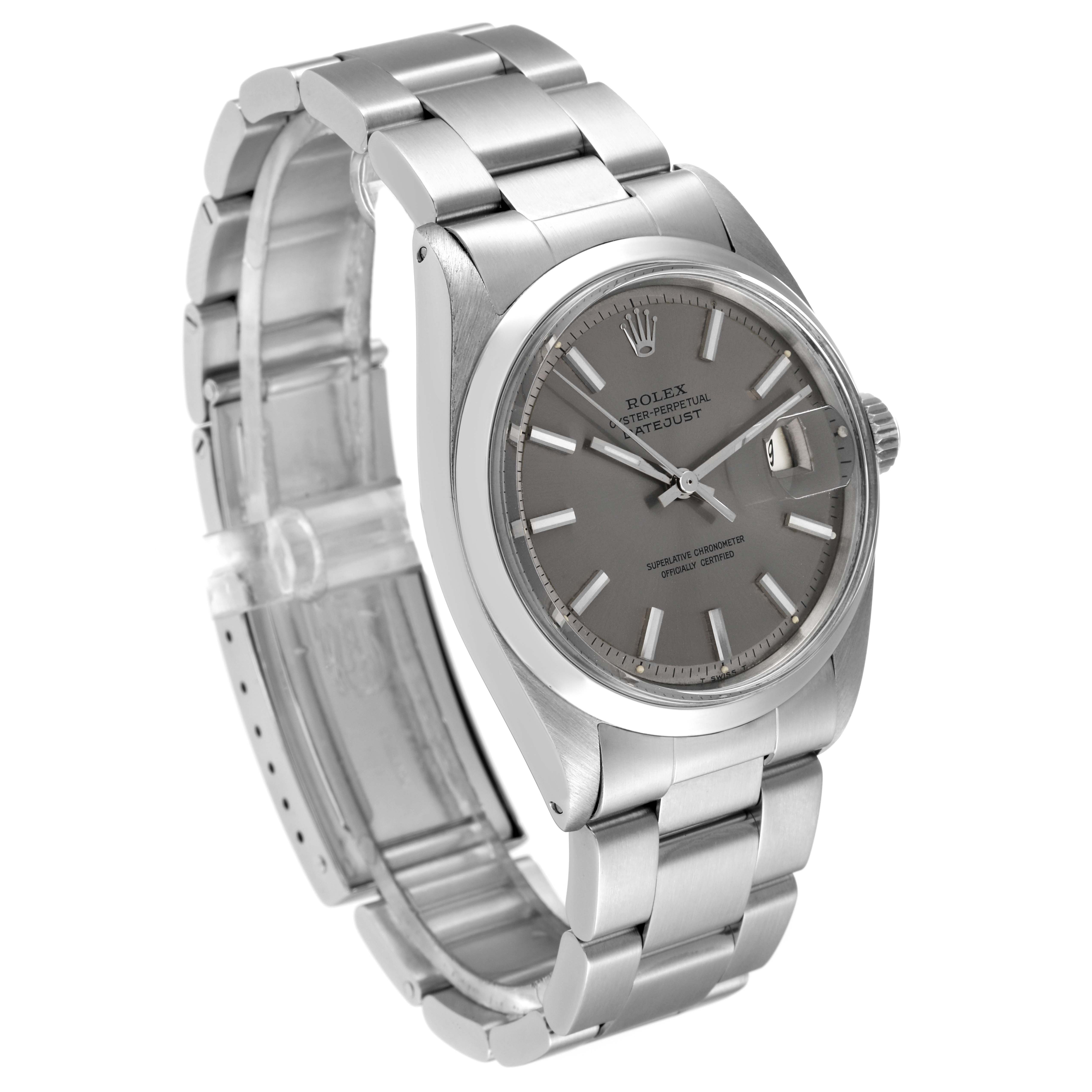 This image shows a Rolex Vintage Collection 1600 Men's Stainless Steel Grey Dial 1600 Men's Stainless Steel Grey Dial watch viewed at an angle that highlights its face, bezel, and metal bracelet.