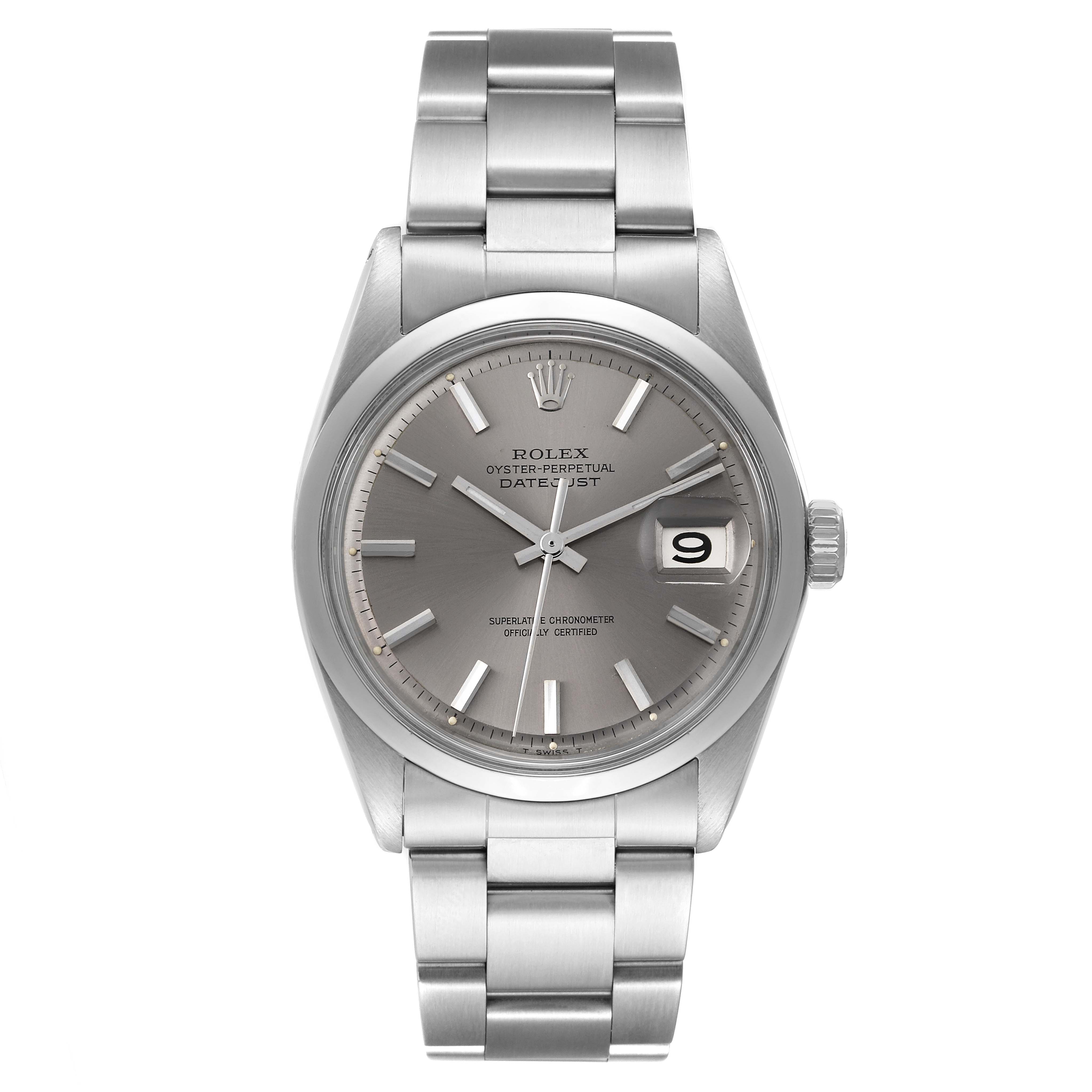 This image shows a top view of a Rolex Vintage Collection 1600 Men's Stainless Steel Grey Dial 1600 Men's Stainless Steel Grey Dial Datejust watch, displaying the face, bezel, case, crown, and bracelet.