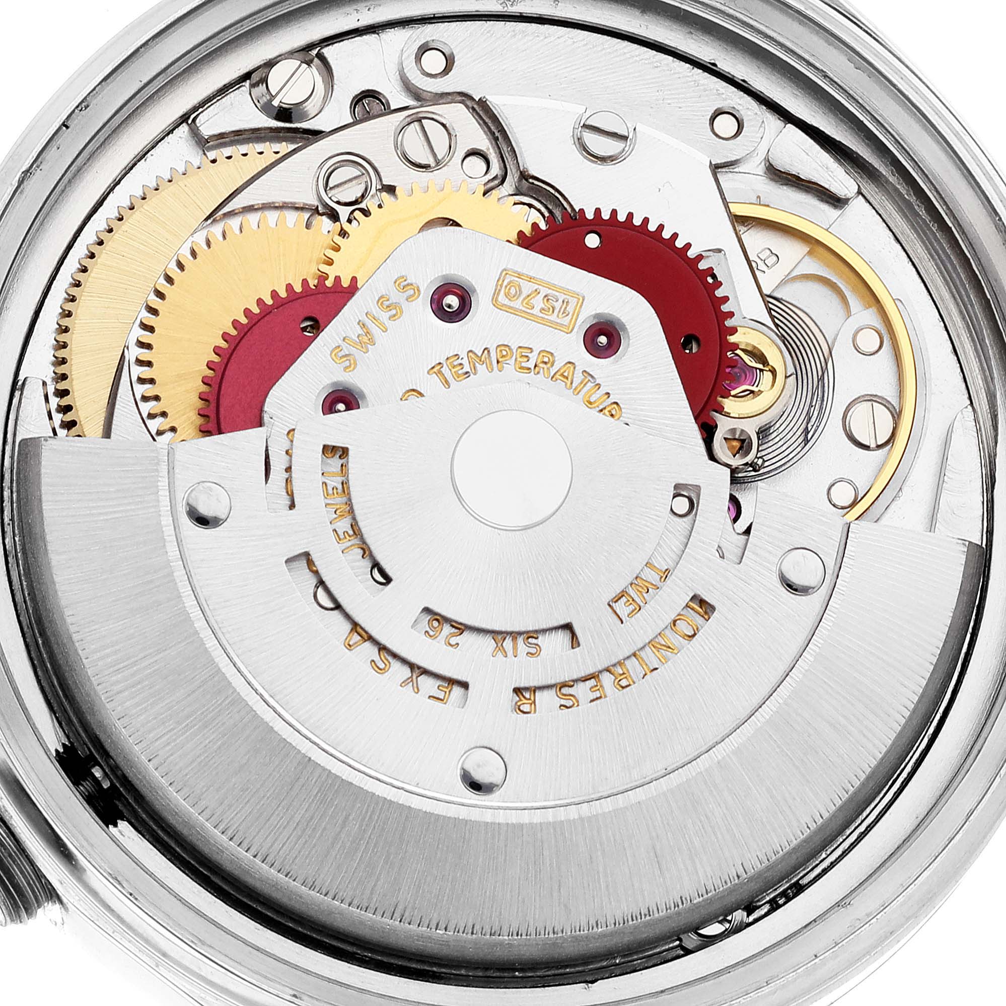 The image shows a close-up of the inner mechanical movement of a Rolex Vintage Collection 1600 Men's Stainless Steel Grey Dial 1600 Men's Stainless Steel Grey Dial model watch.