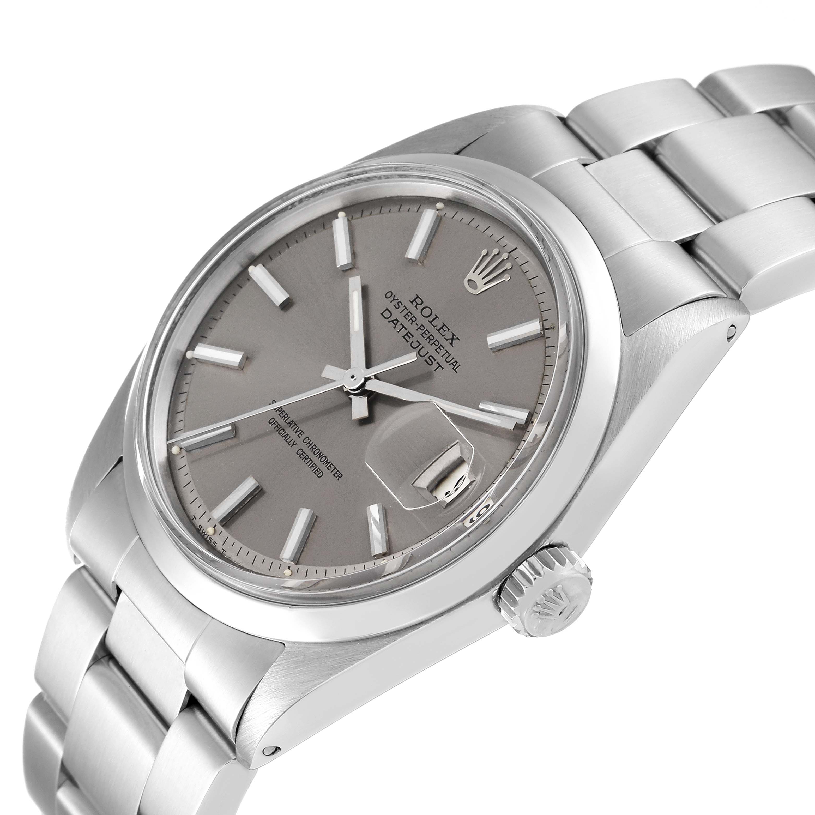This image shows a close-up angled view of the Rolex Vintage Collection 1600 Men's Stainless Steel Grey Dial 1600 Men's Stainless Steel Grey Dial Datejust watch, highlighting the dial, bezel, and part of the bracelet.