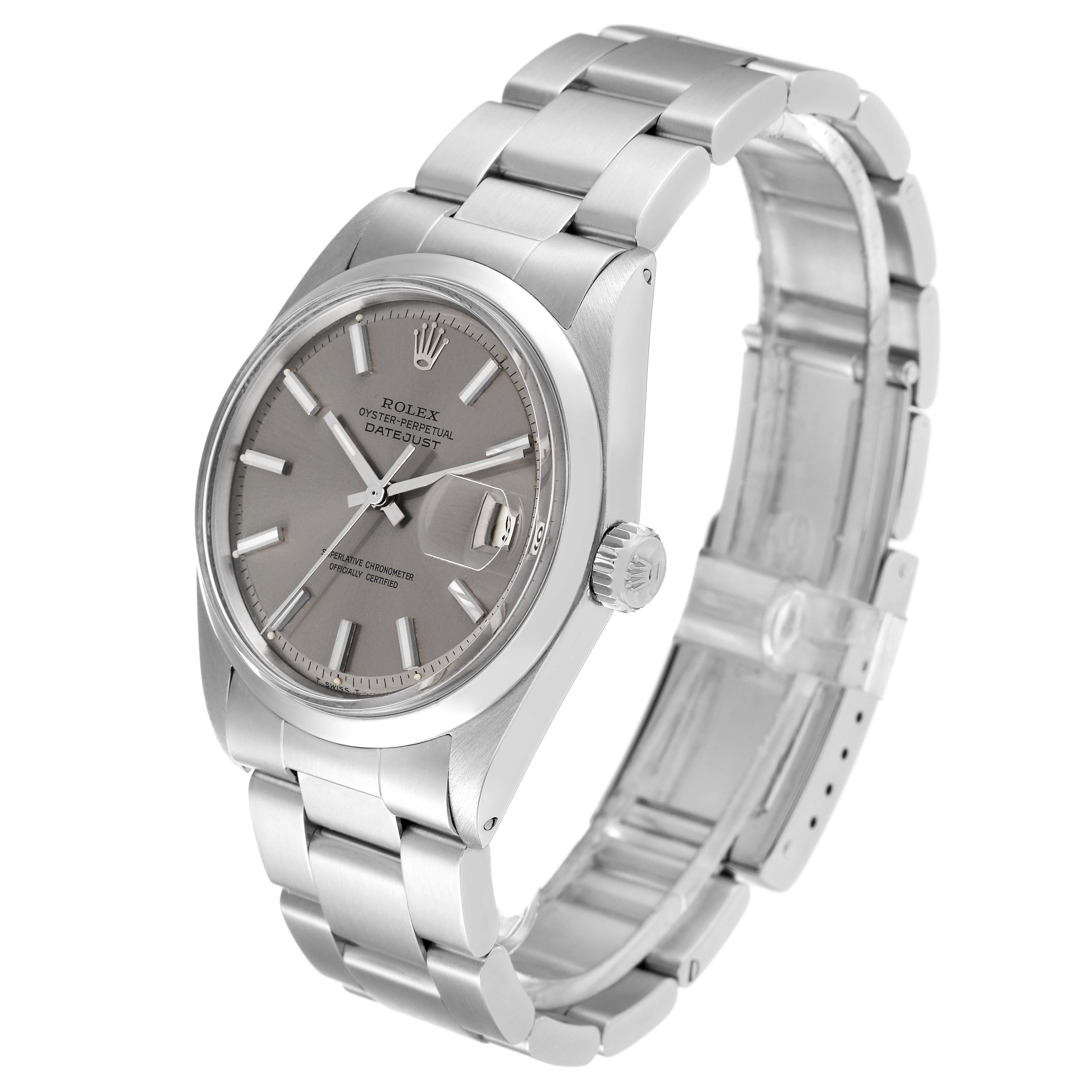 The watch is shown at a three-quarter angle, displaying the Rolex Vintage Collection 1600 Men's Stainless Steel Grey Dial 1600 Men's Stainless Steel Grey Dial model's face, bezel, and bracelet.