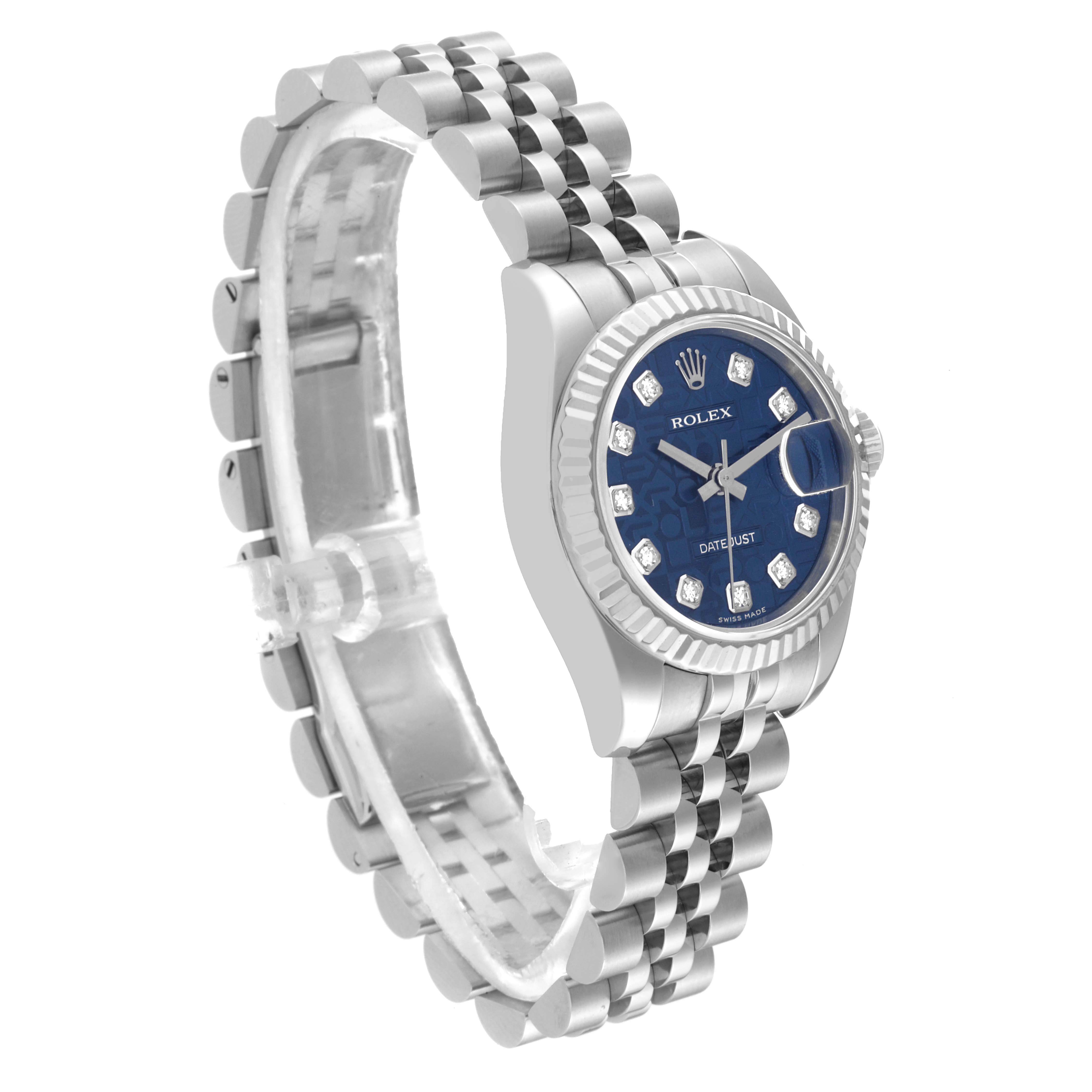 The image shows a Rolex Datejust 179174 Women's Stainless Steel Blue Dial 179174 Women's Stainless Steel Blue Dial watch in an angled side view, displaying its case, dial, and bracelet.