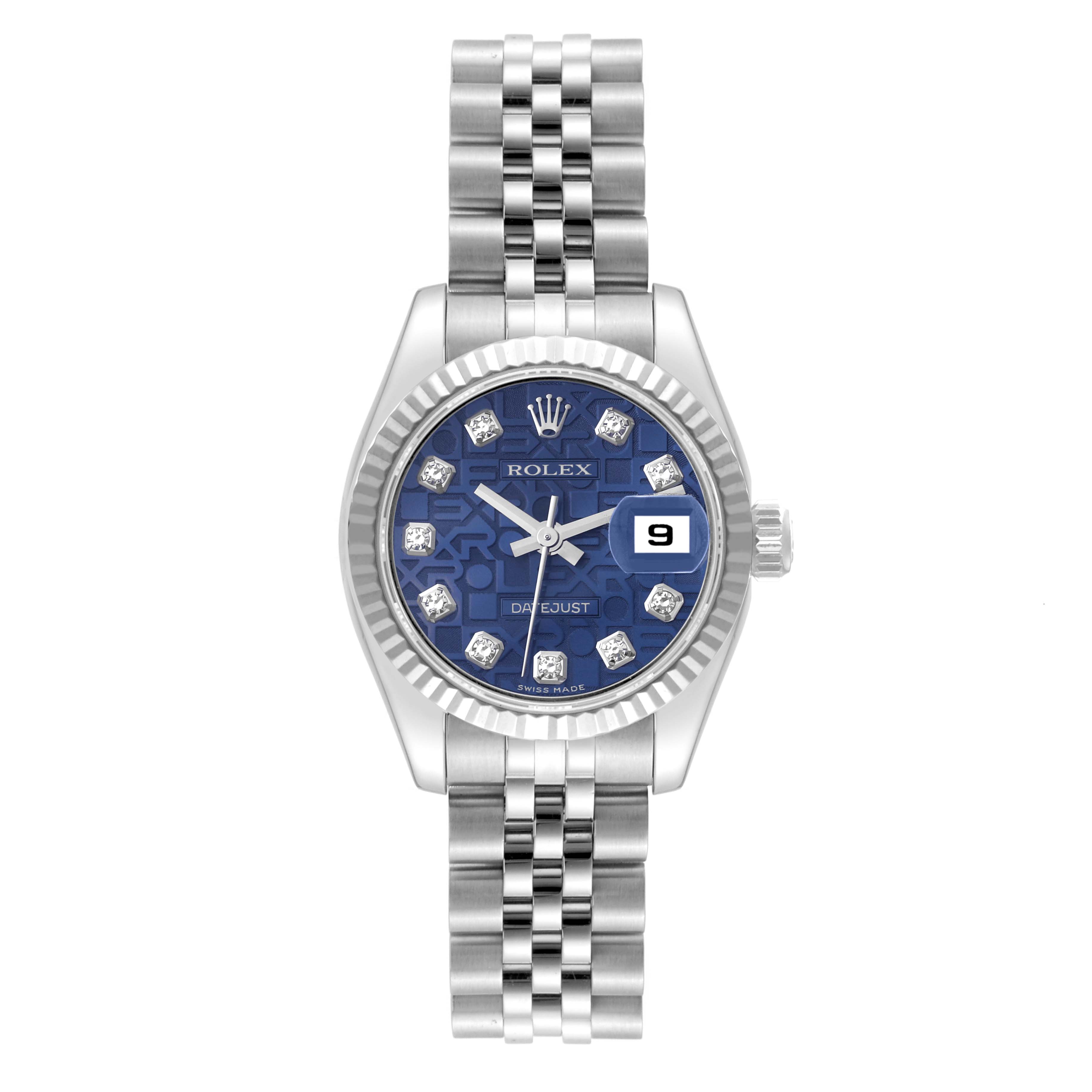The Rolex Datejust 179174 Women's Stainless Steel Blue Dial 179174 Women's Stainless Steel Blue Dial watch is shown from a top-down angle, highlighting its blue dial, diamond hour markers, and jubilee bracelet.