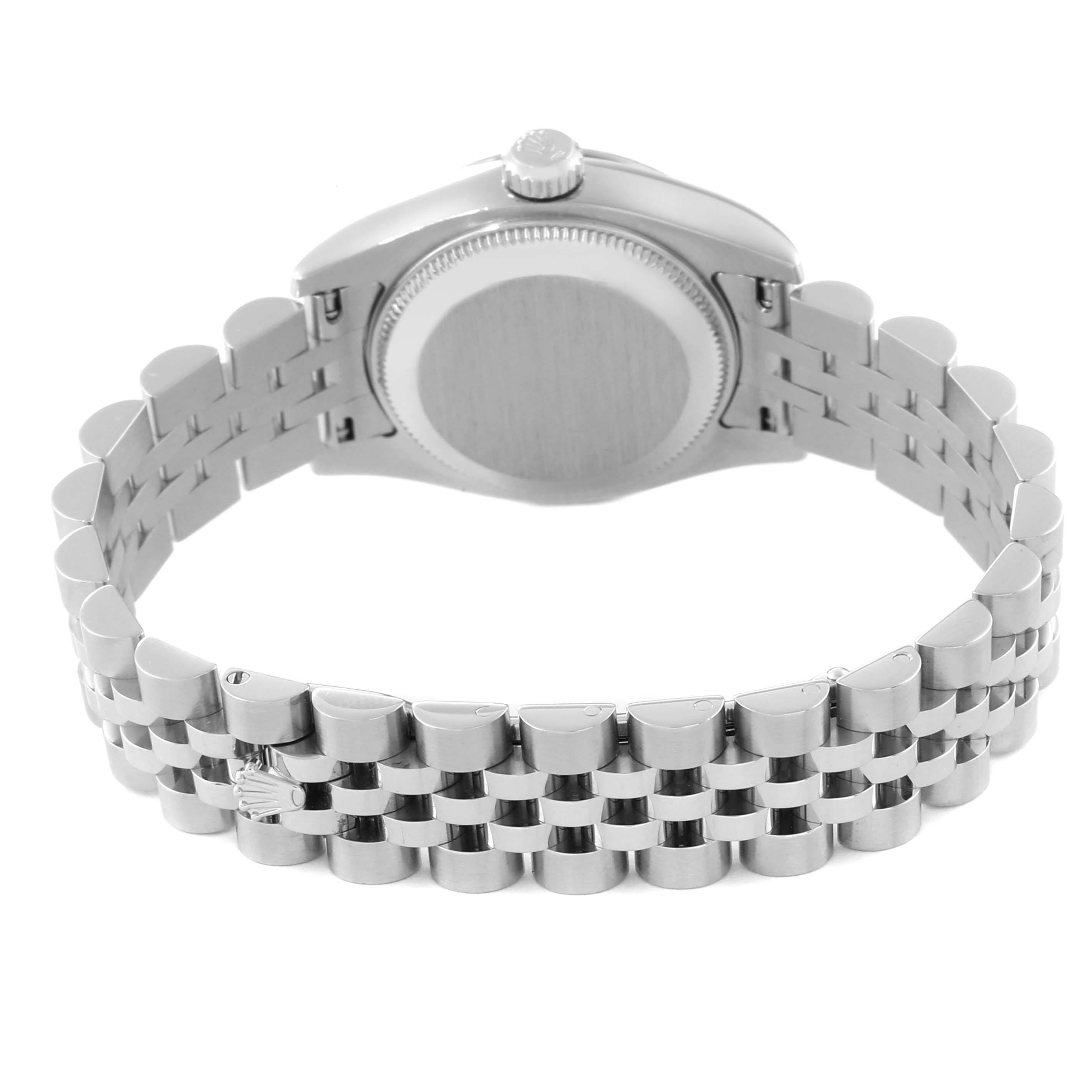 The image shows the back view of a Rolex Datejust 179174 Women's Stainless Steel Blue Dial 179174 Women's Stainless Steel Blue Dial watch displaying its case back and Jubilee bracelet.