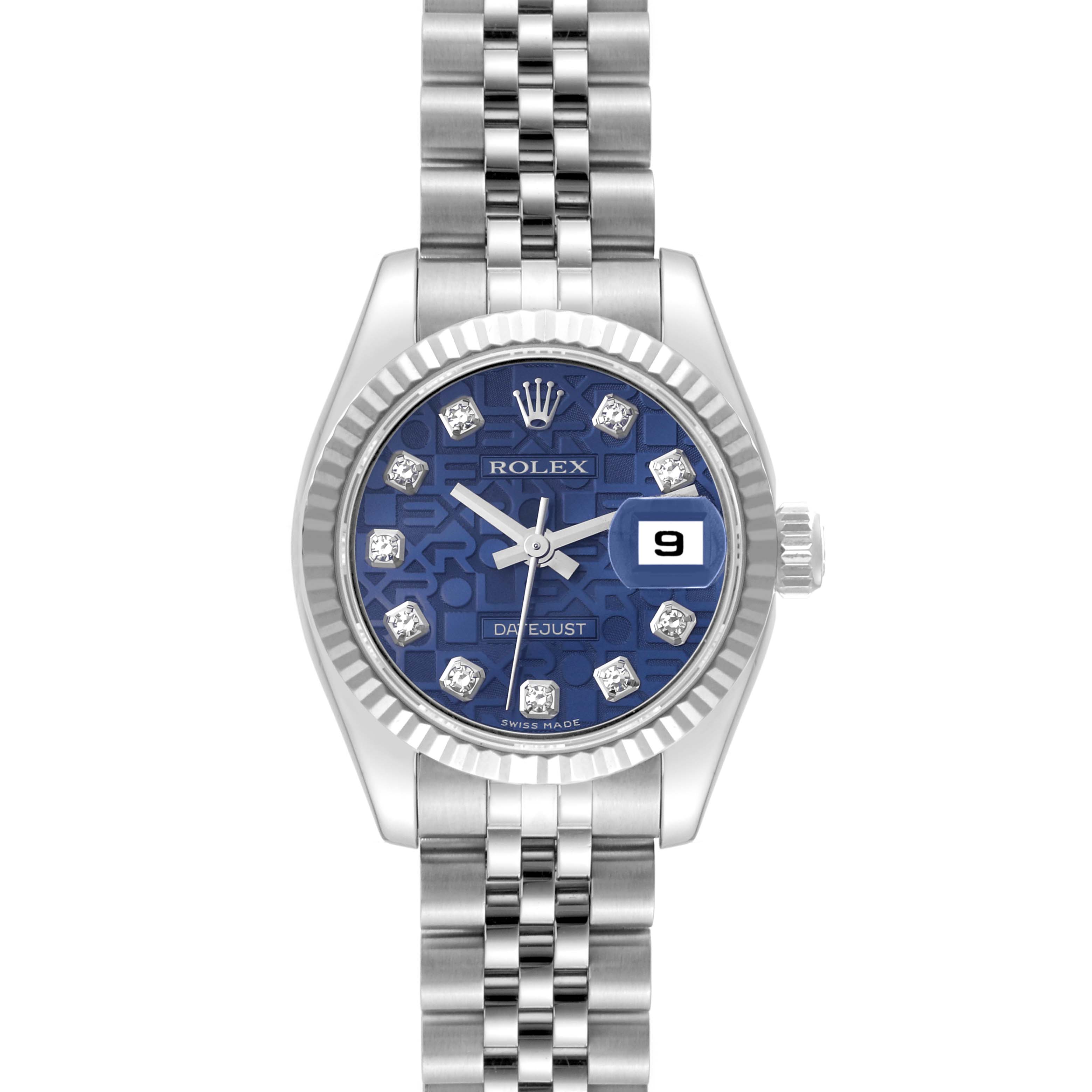 This image shows a Rolex Datejust 179174 Women's Stainless Steel Blue Dial 179174 Women's Stainless Steel Blue Dial watch from a front angle, featuring its blue dial, diamond indices, and stainless steel bracelet.