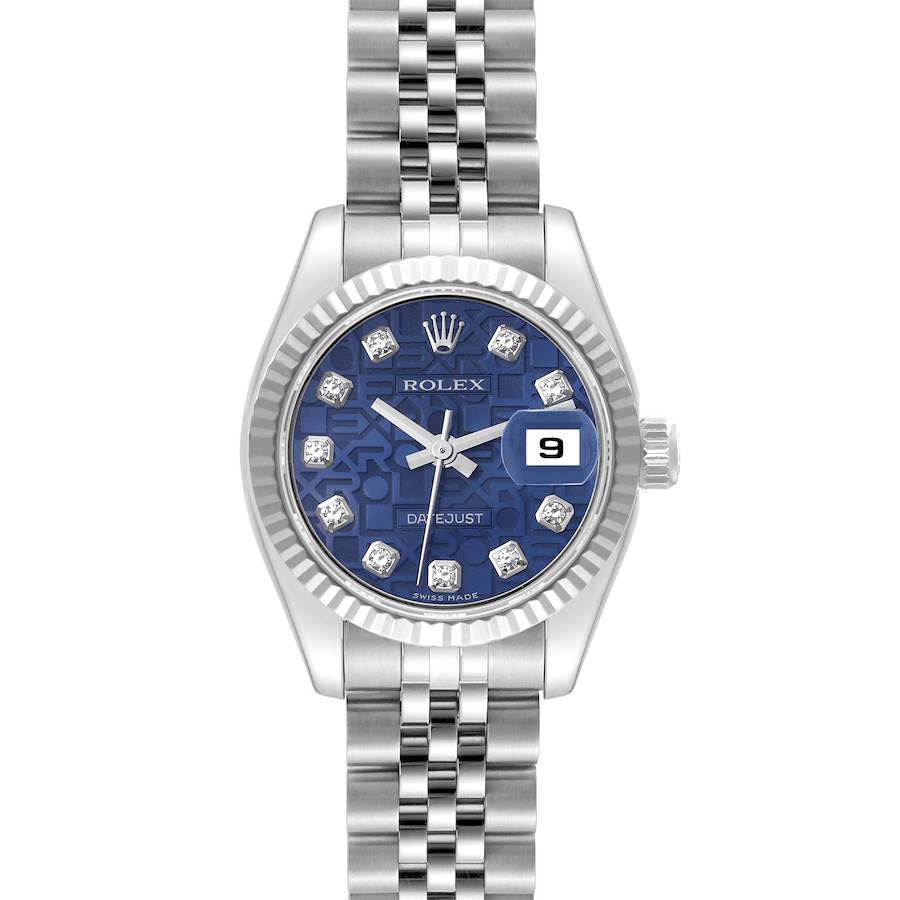 This image shows a Rolex Datejust watch from a front angle, featuring its blue dial, diamond indices, and stainless steel bracelet.