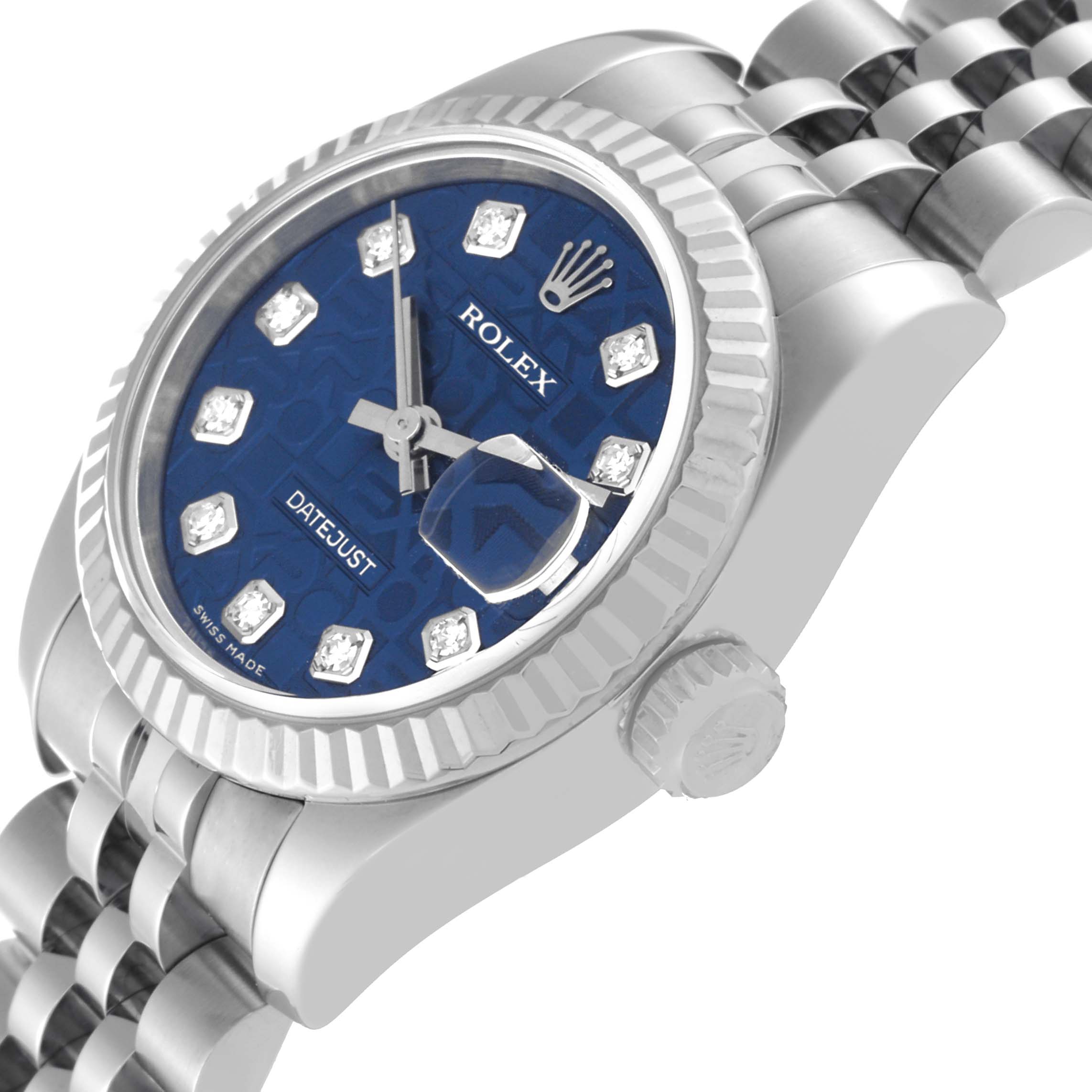 This image shows a close-up angled view of a Rolex Datejust 179174 Women's Stainless Steel Blue Dial 179174 Women's Stainless Steel Blue Dial watch, highlighting the blue dial, crown, and fluted bezel.