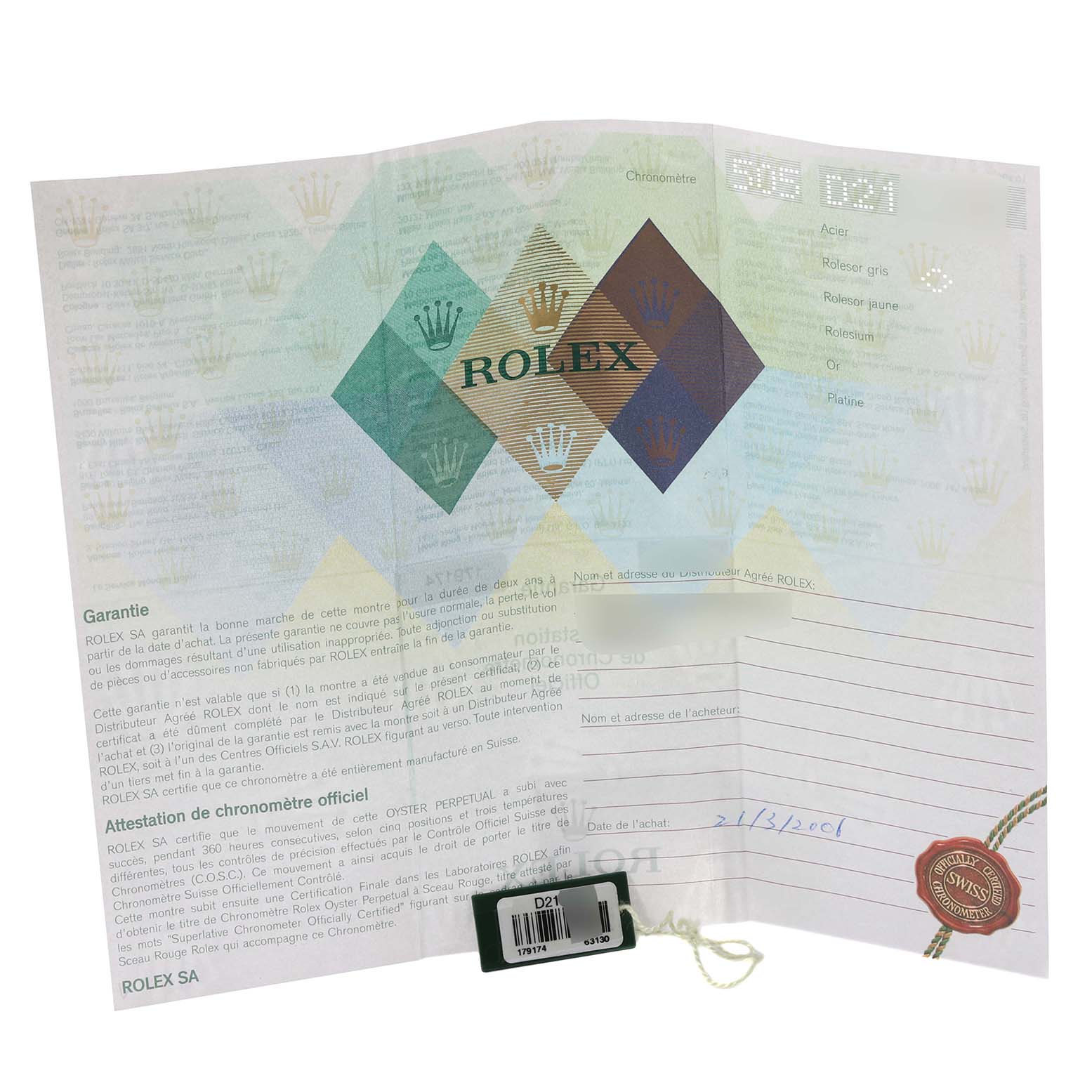 The image shows the warranty and certification documents for a Rolex Datejust 179174 Women's Stainless Steel Blue Dial 179174 Women's Stainless Steel Blue Dial watch.