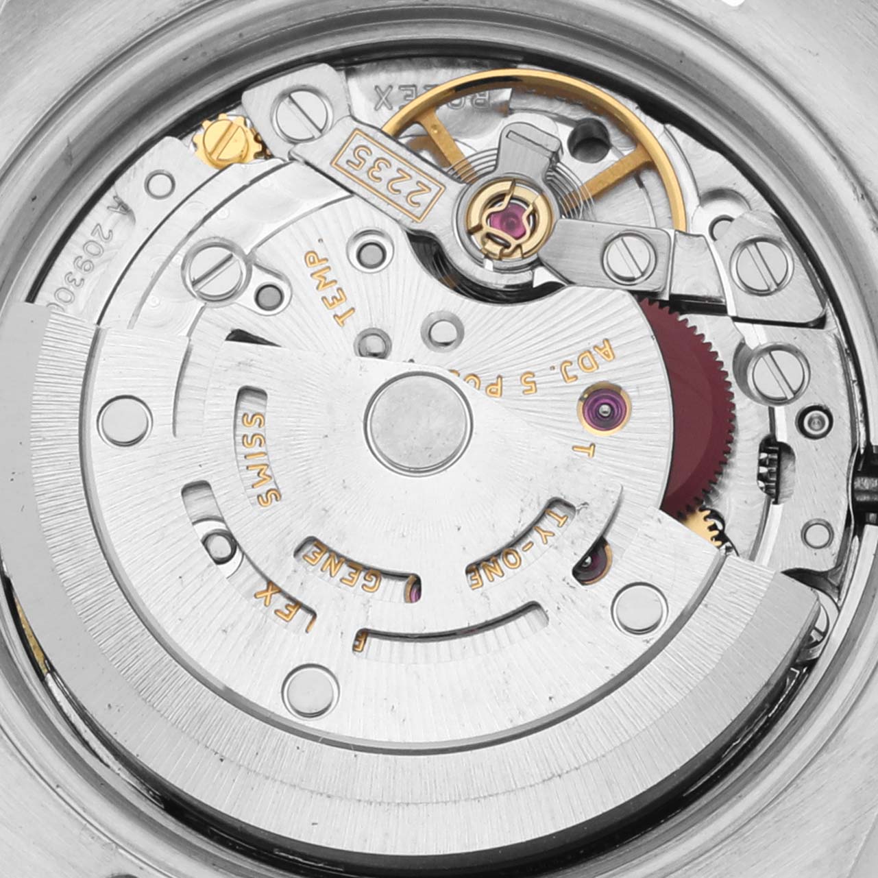 This image shows a close-up of the movement and internal components of a Rolex Datejust 179174 Women's Stainless Steel Blue Dial 179174 Women's Stainless Steel Blue Dial watch.