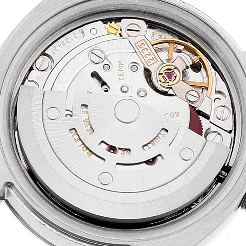 This image shows a close-up view of the movement inside a Rolex Datejust 179174 Women
s Stainless Steel Mother of Pearl Dial 179174 Women
s Stainless Steel Mother of Pearl Dial watch.
