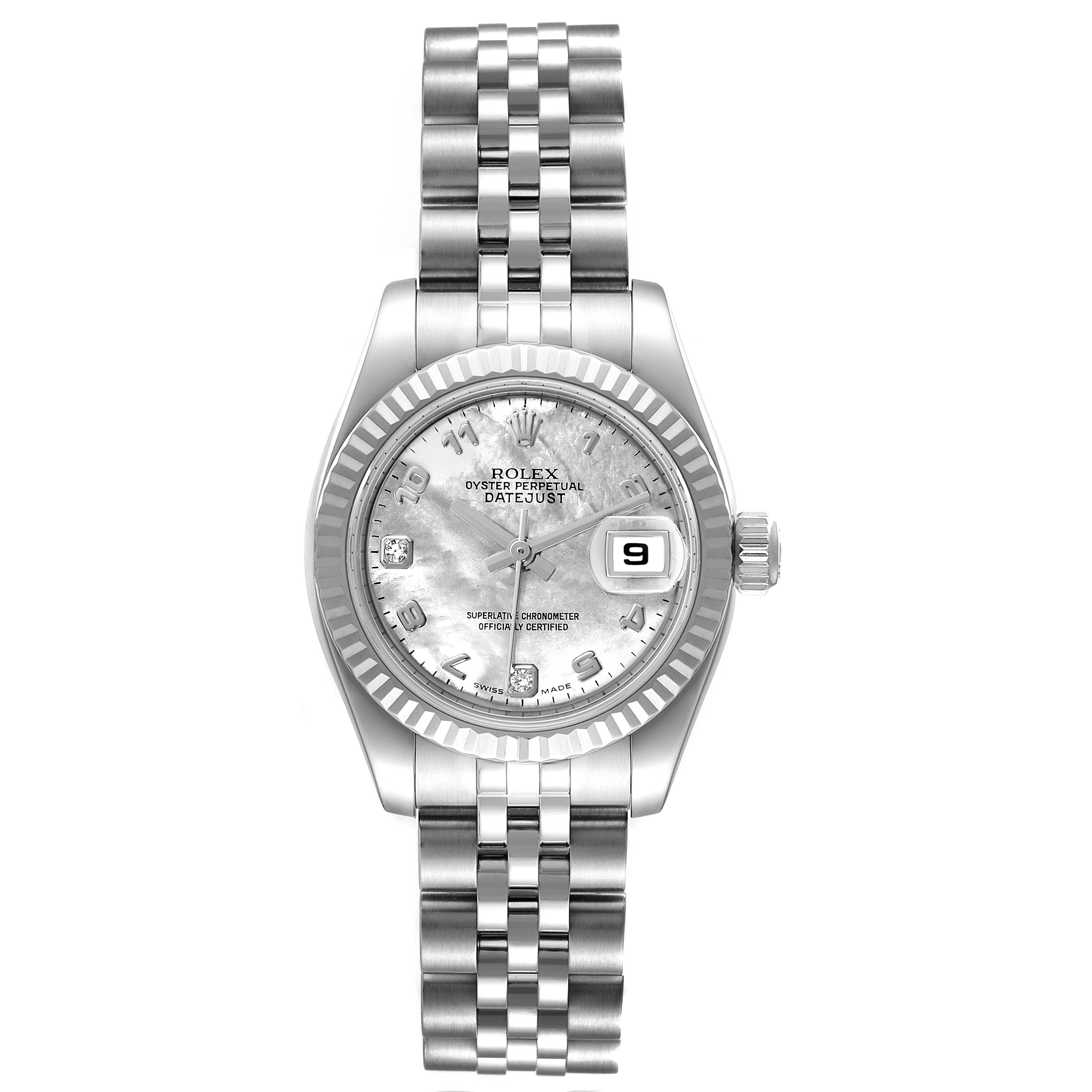 This image shows a front view of a Rolex Datejust 179174 Women
s Stainless Steel Mother of Pearl Dial 179174 Women
s Stainless Steel Mother of Pearl Dial watch featuring the dial, bezel, crown, and bracelet.