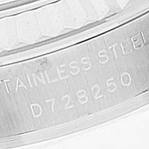 The image shows a close-up angle of the serial number and "STAINLESS STEEL" engraving on a Rolex Datejust 179174 Women
s Stainless Steel Mother of Pearl Dial 179174 Women
s Stainless Steel Mother of Pearl Dial.