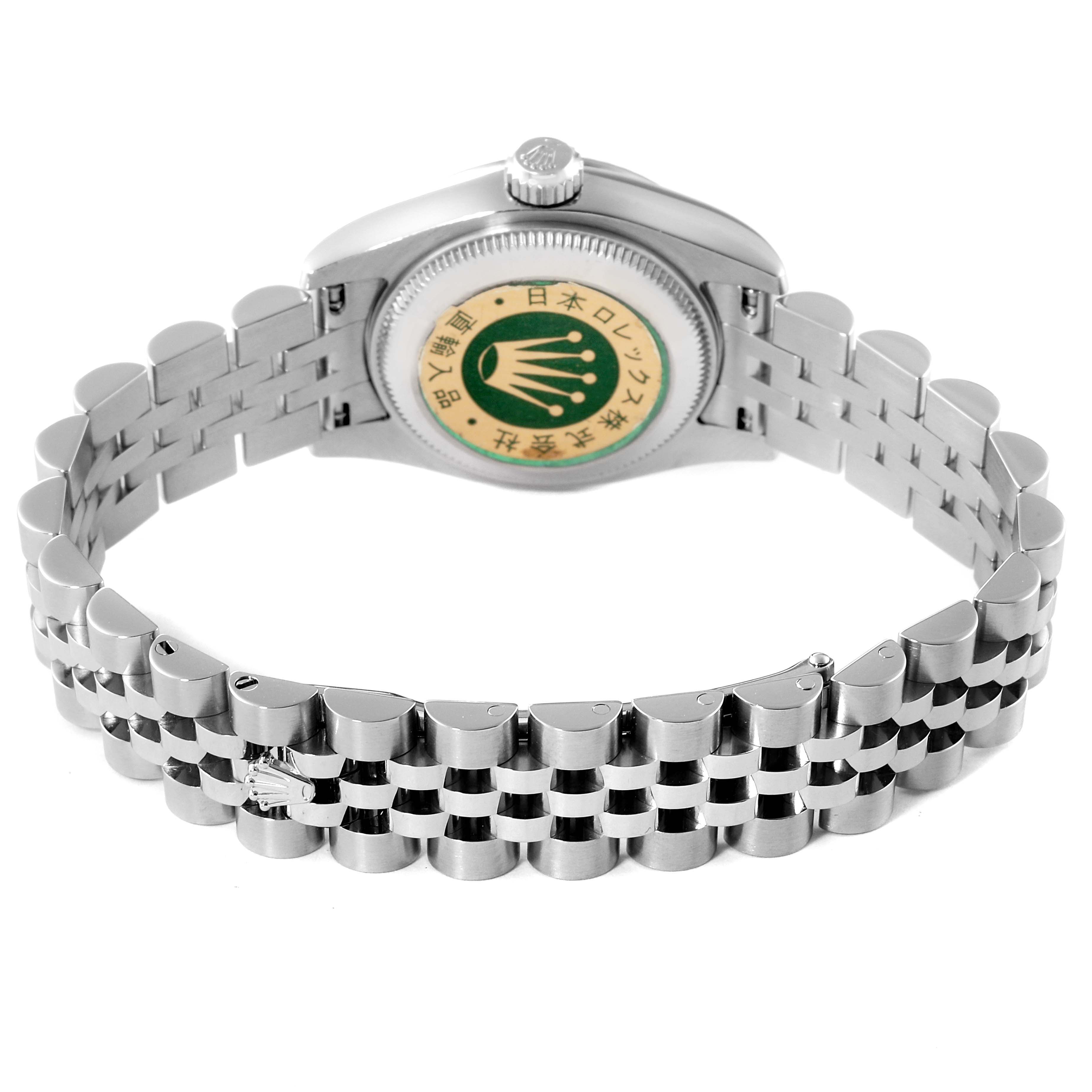 The image shows the back view of a Rolex Datejust 179174 Women
s Stainless Steel Mother of Pearl Dial 179174 Women
s Stainless Steel Mother of Pearl Dial watch, highlighting the case back and the Jubilee bracelet.