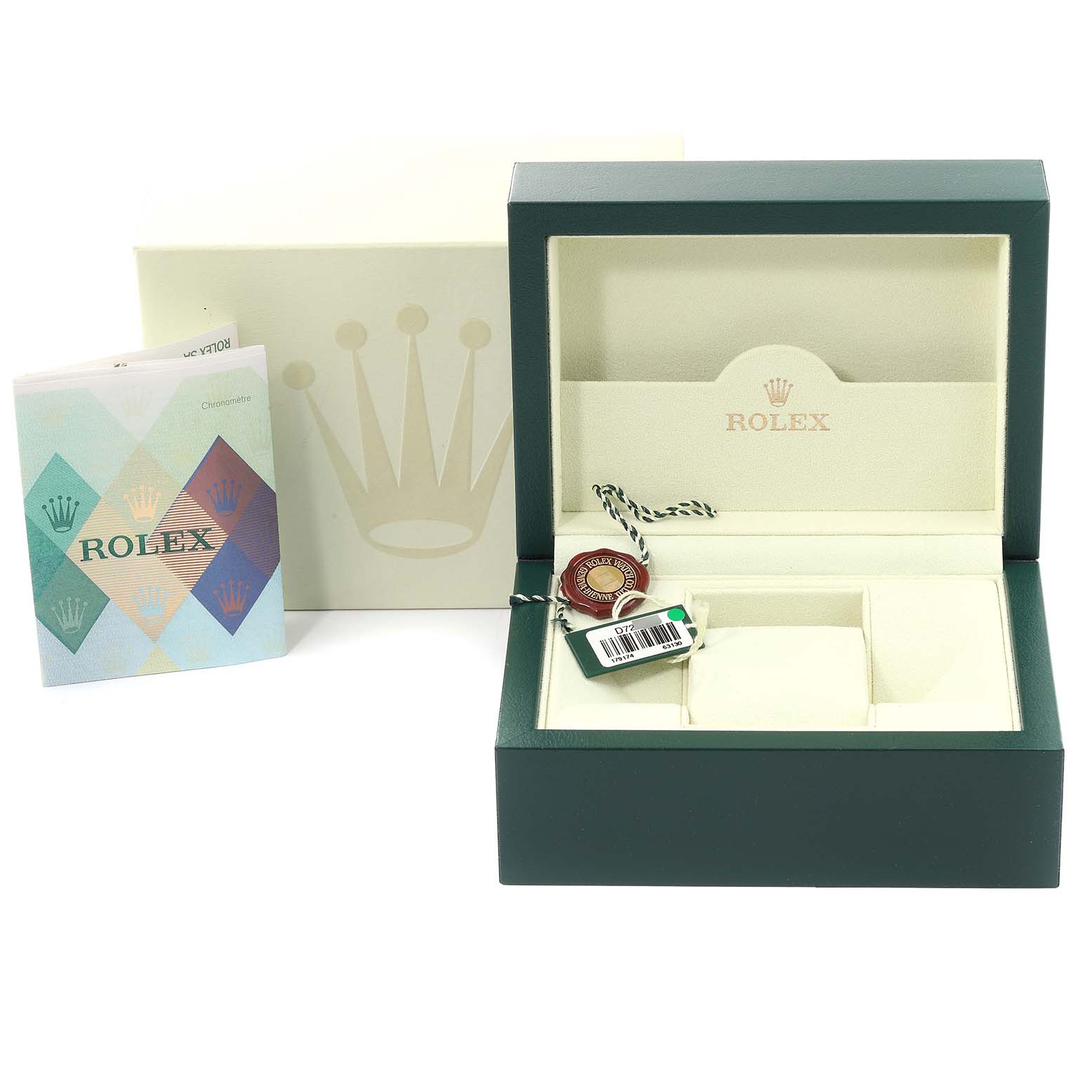 The image shows the open box and accessories of a Rolex Datejust 179174 Women
s Stainless Steel Mother of Pearl Dial 179174 Women
s Stainless Steel Mother of Pearl Dial watch including a tag and booklet.