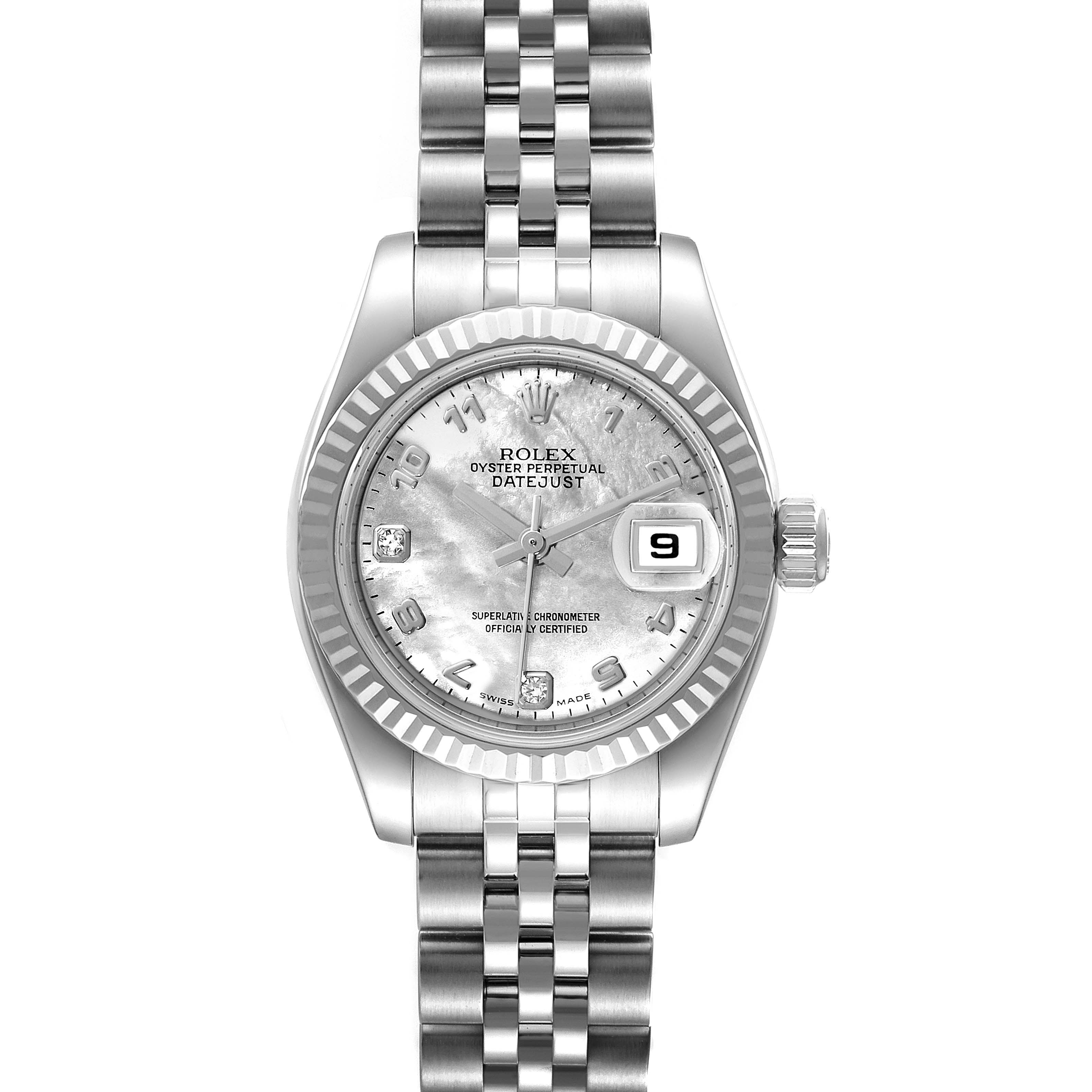 The Rolex Datejust 179174 Women
s Stainless Steel Mother of Pearl Dial 179174 Women
s Stainless Steel Mother of Pearl Dial watch is shown from a top-down angle, displaying its dial, bezel, crown, and Jubilee bracelet.